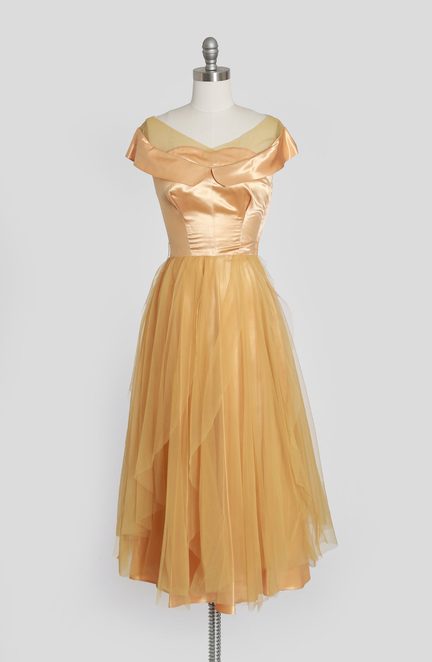 50s gold satin dress | vintage 1950s satin chiffon dress