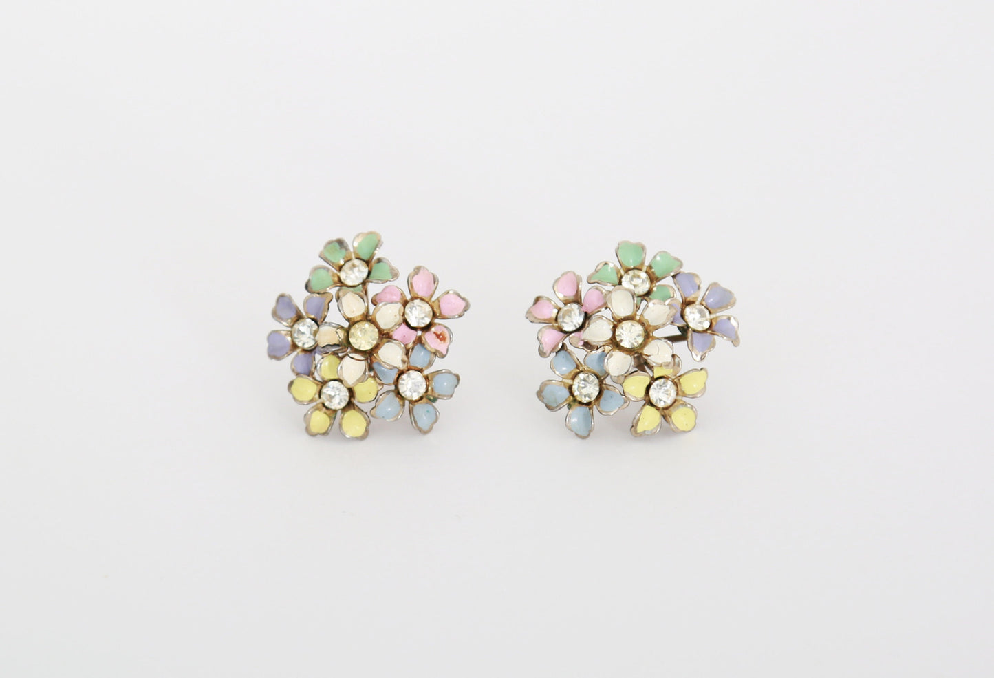 60s pastel rhinestone floral screw back earrings
