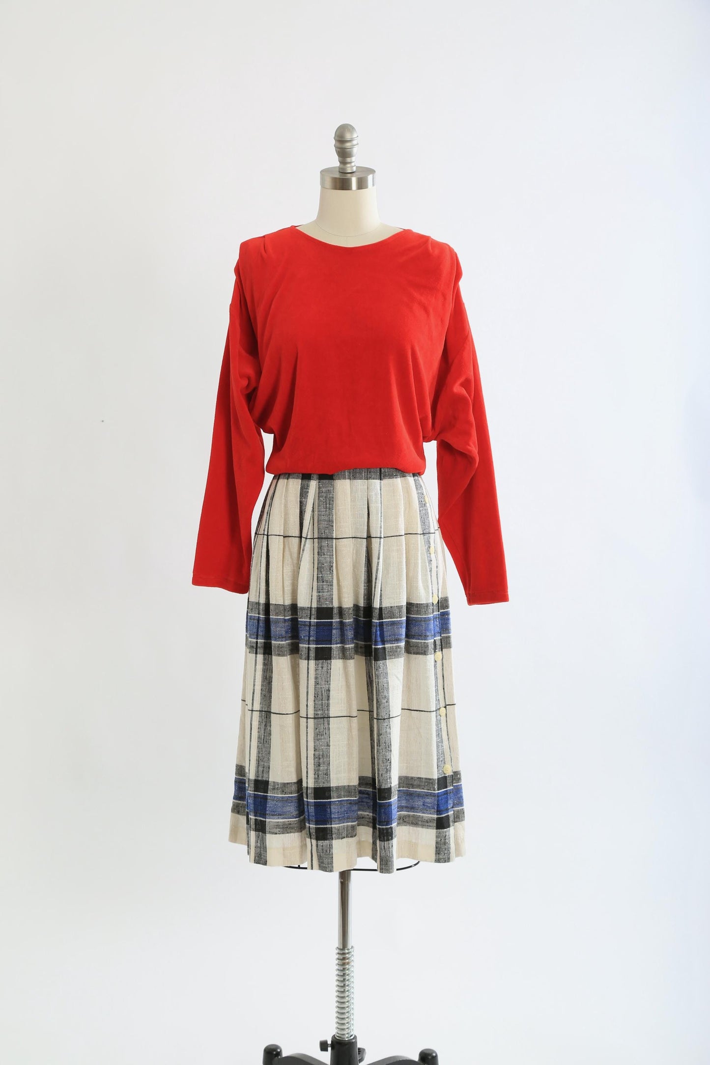 Vintage 80s 90s blue + white plaid woven skirt