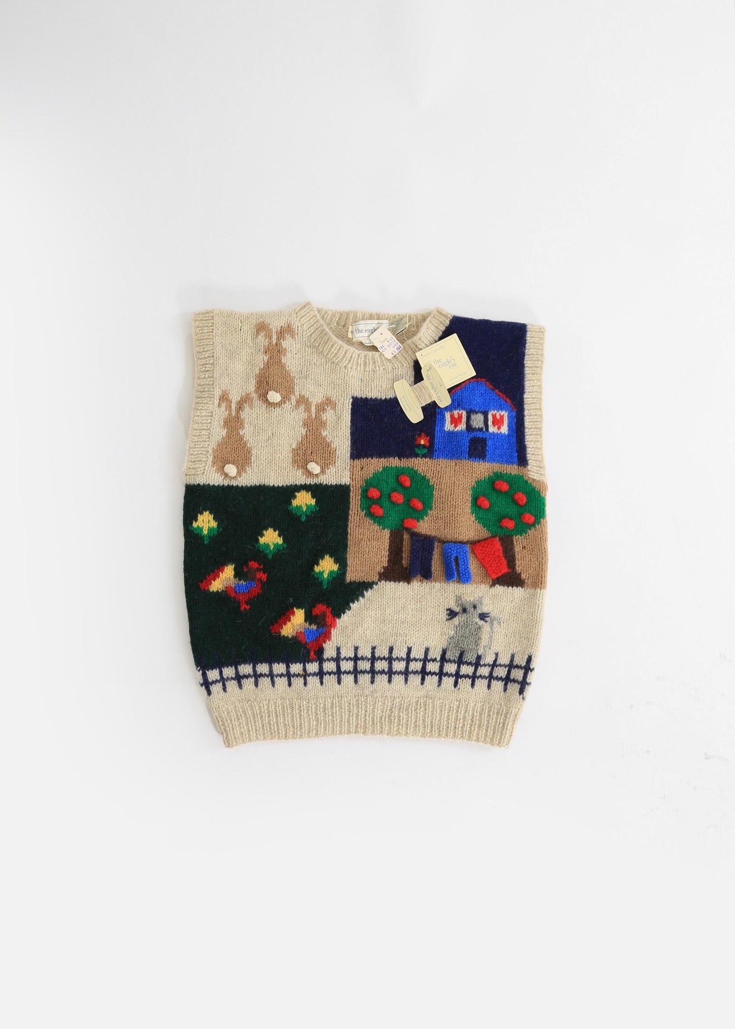 Vintage eagles eye knit wool sweater | Vintage 80s deadstock 3D farm scene sleeveless Shetland wool sweater