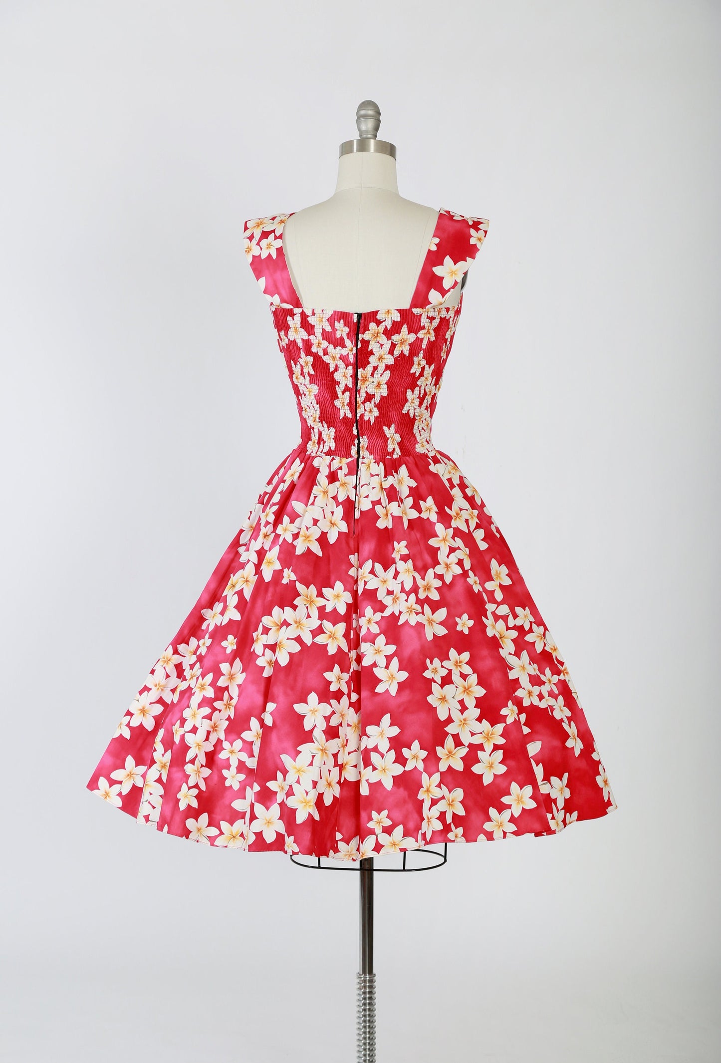 Hawaiian dress | Vintage 90s 50s pink tropical floral Plumeria fit and flare cotton dress