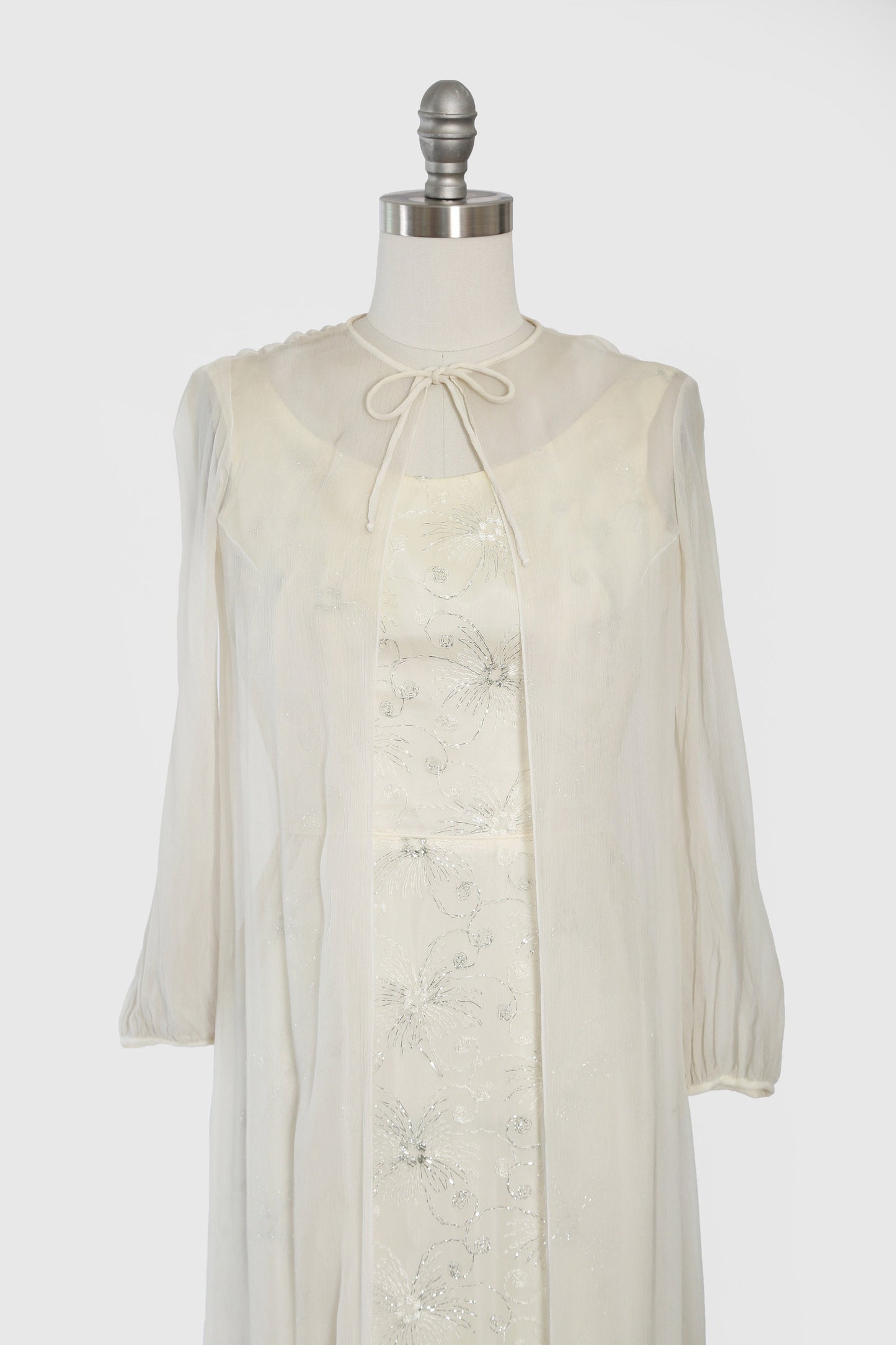 Vintage 60s silver lurex firework silk shift dress + sheer silk duster