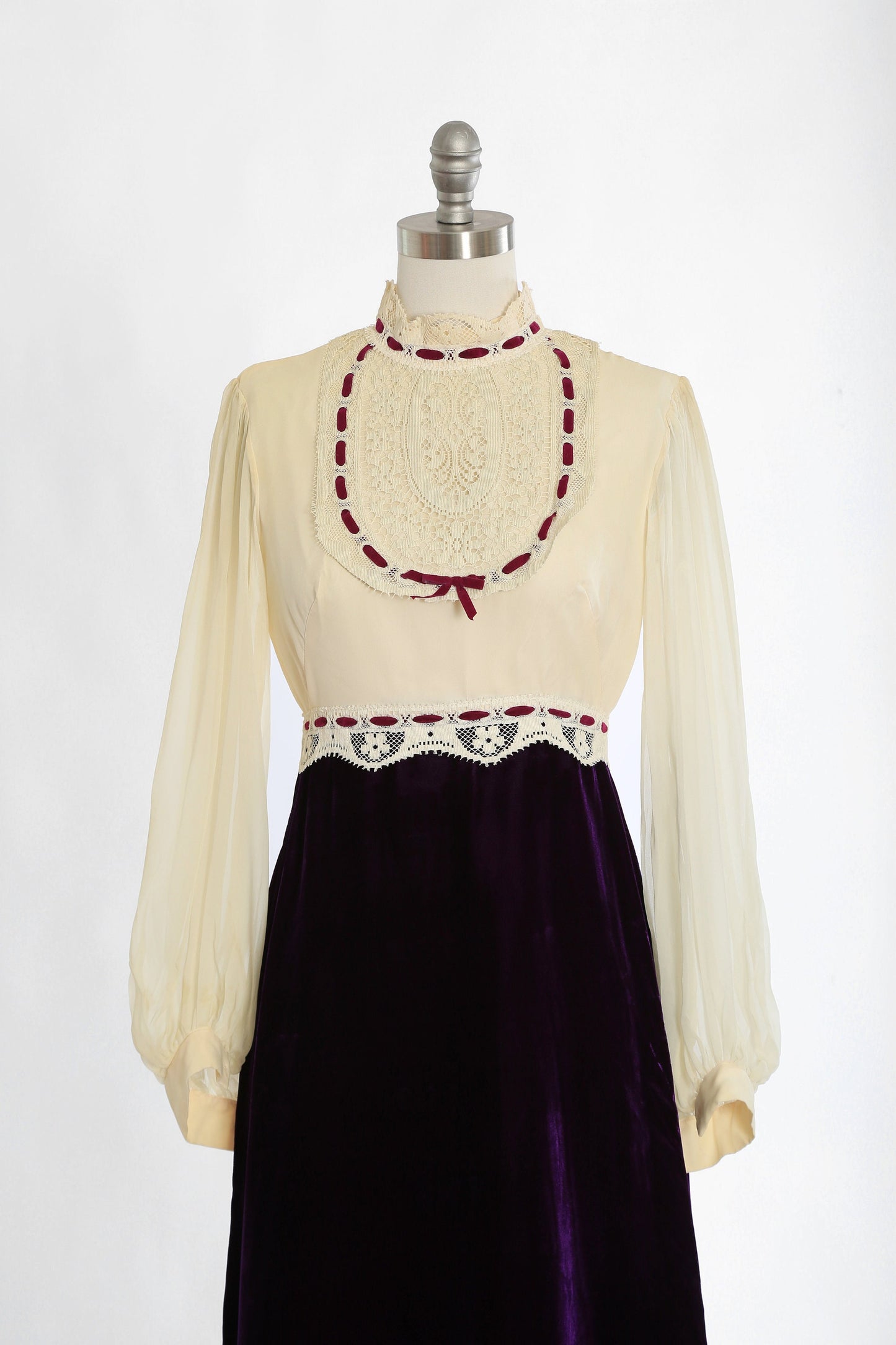 Vintage 70s ivory silk crochet boho purple velvet Maxi dress