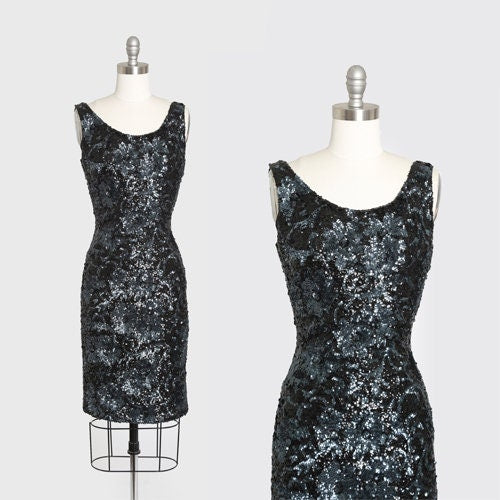 Vintage 50s black hand sequin wool wiggle dress | 1950s sequin cocktail dress