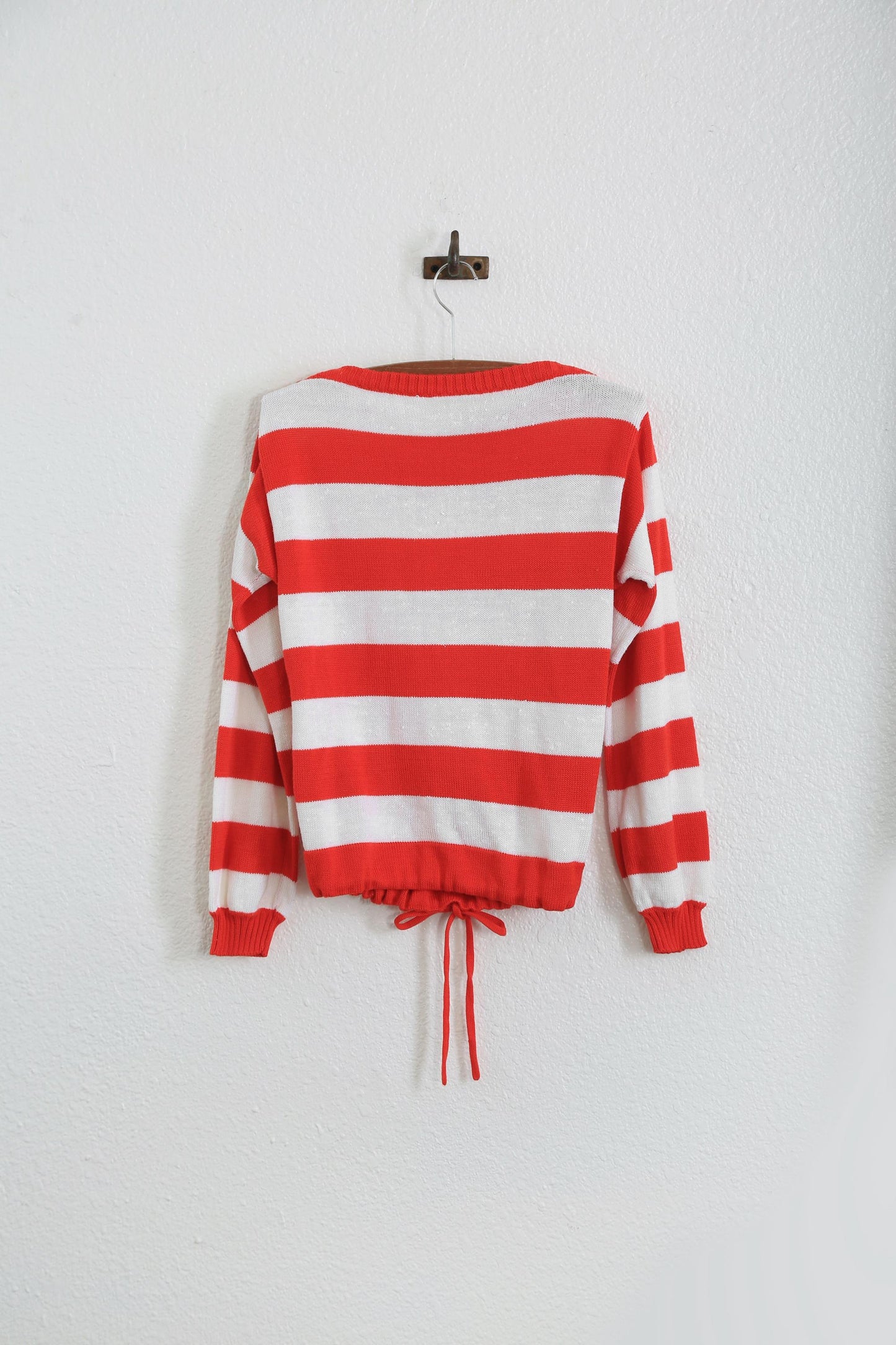 70s red striped knit draw string sweater