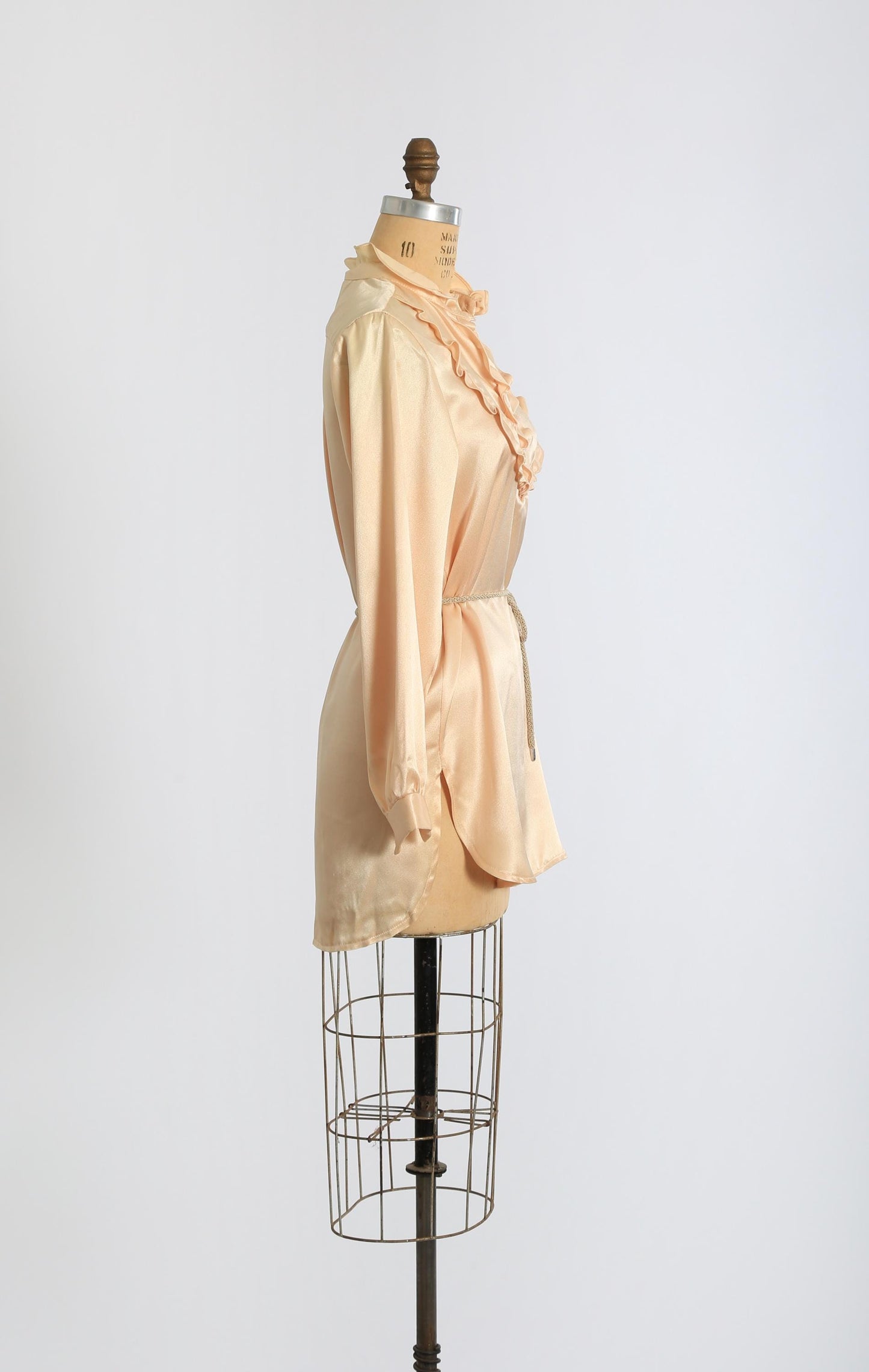 70s Fritzi belted Tuxedo blouse | Vintage 1970s Peach satin ruffle tuxedo top