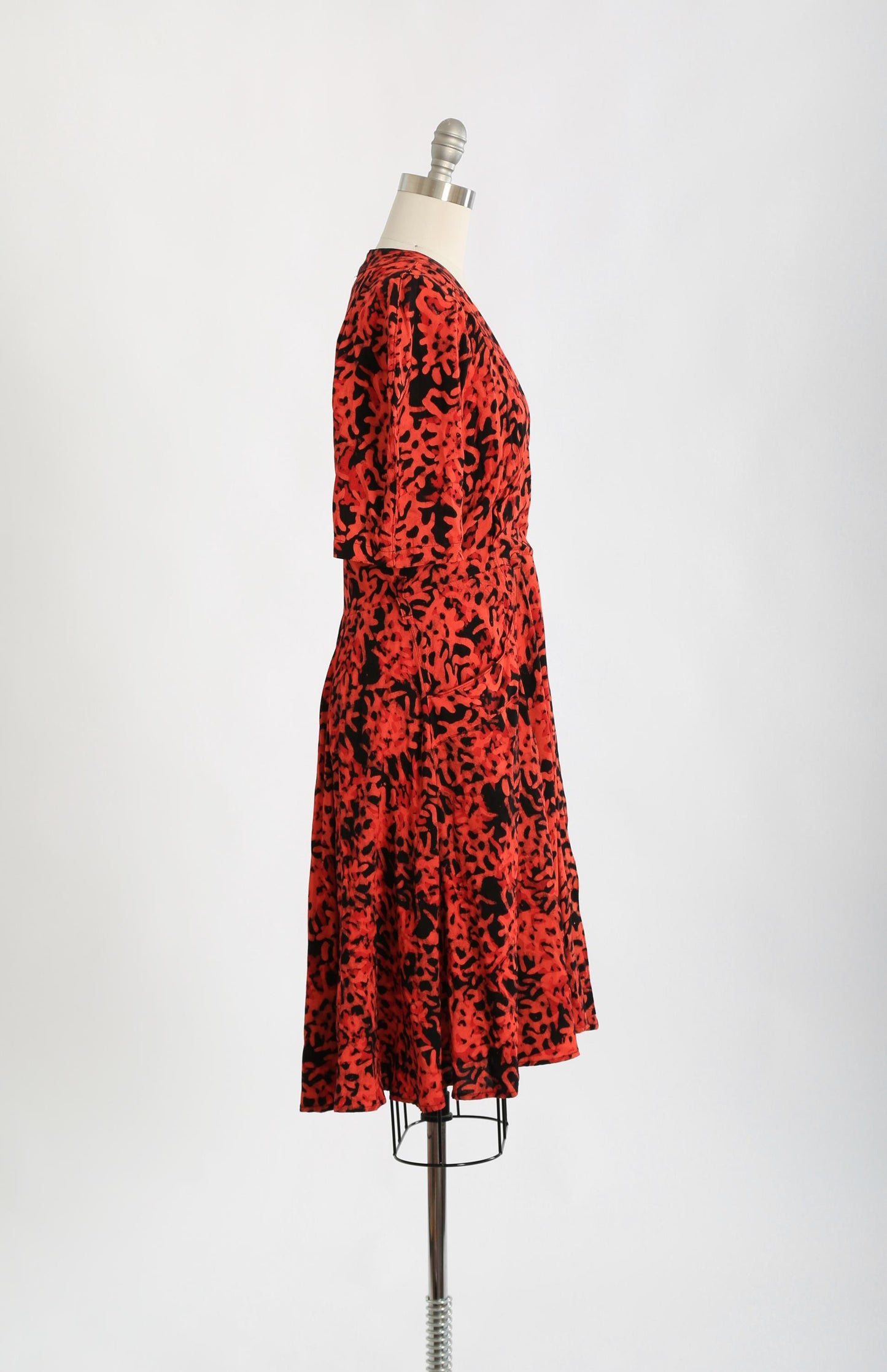 80s Coral hand stamped batik tropical wrap dress