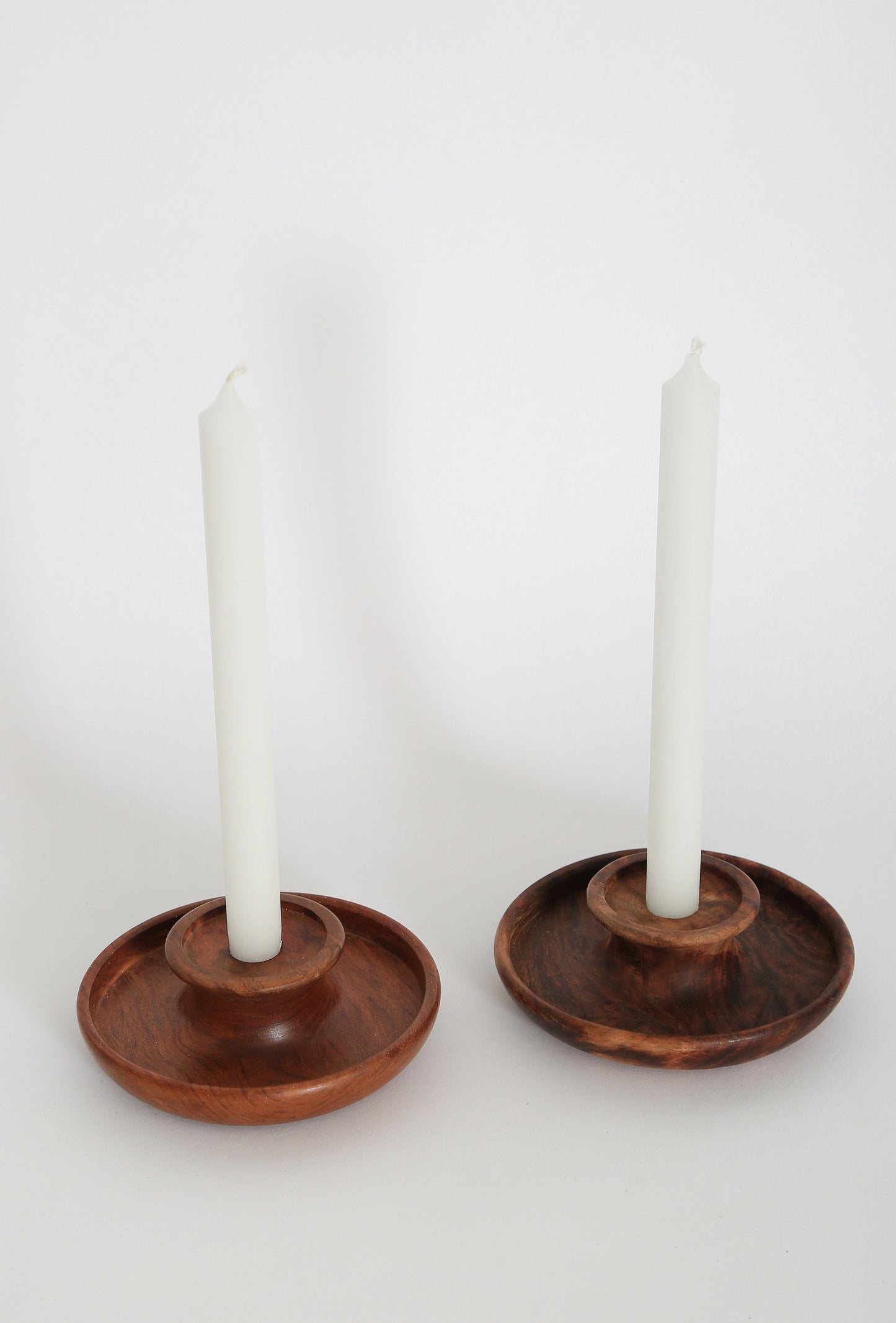 Vintage walnut turned wood candle stick holders pair