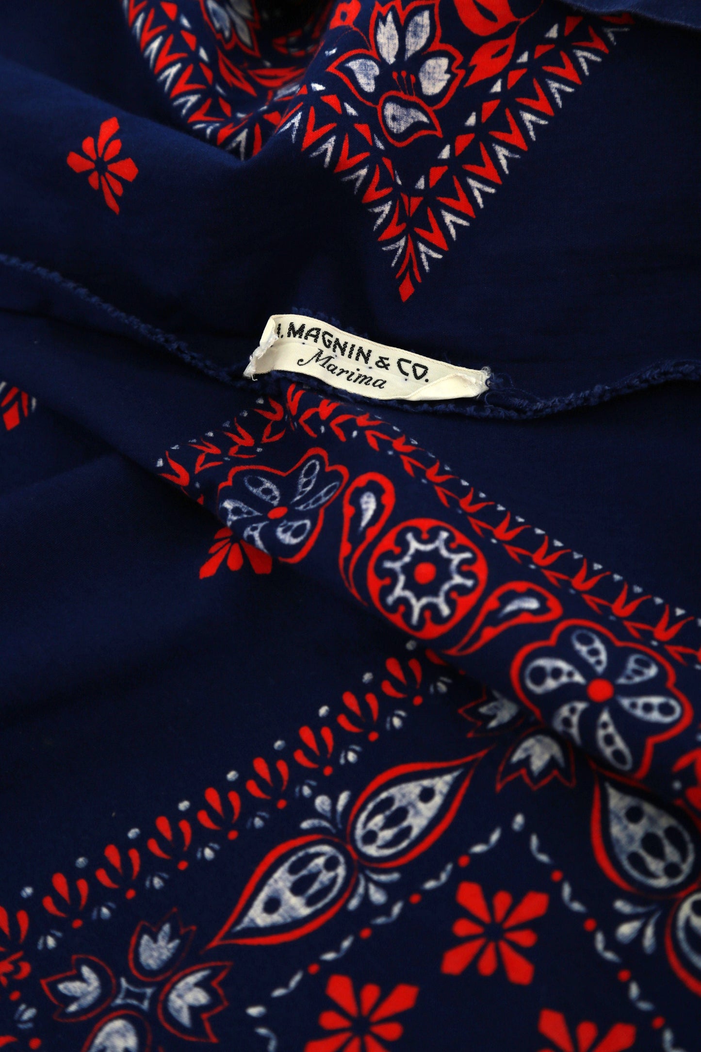 Vintage 1950s I. Magnin red, white & blue bandana print cotton circle skirt