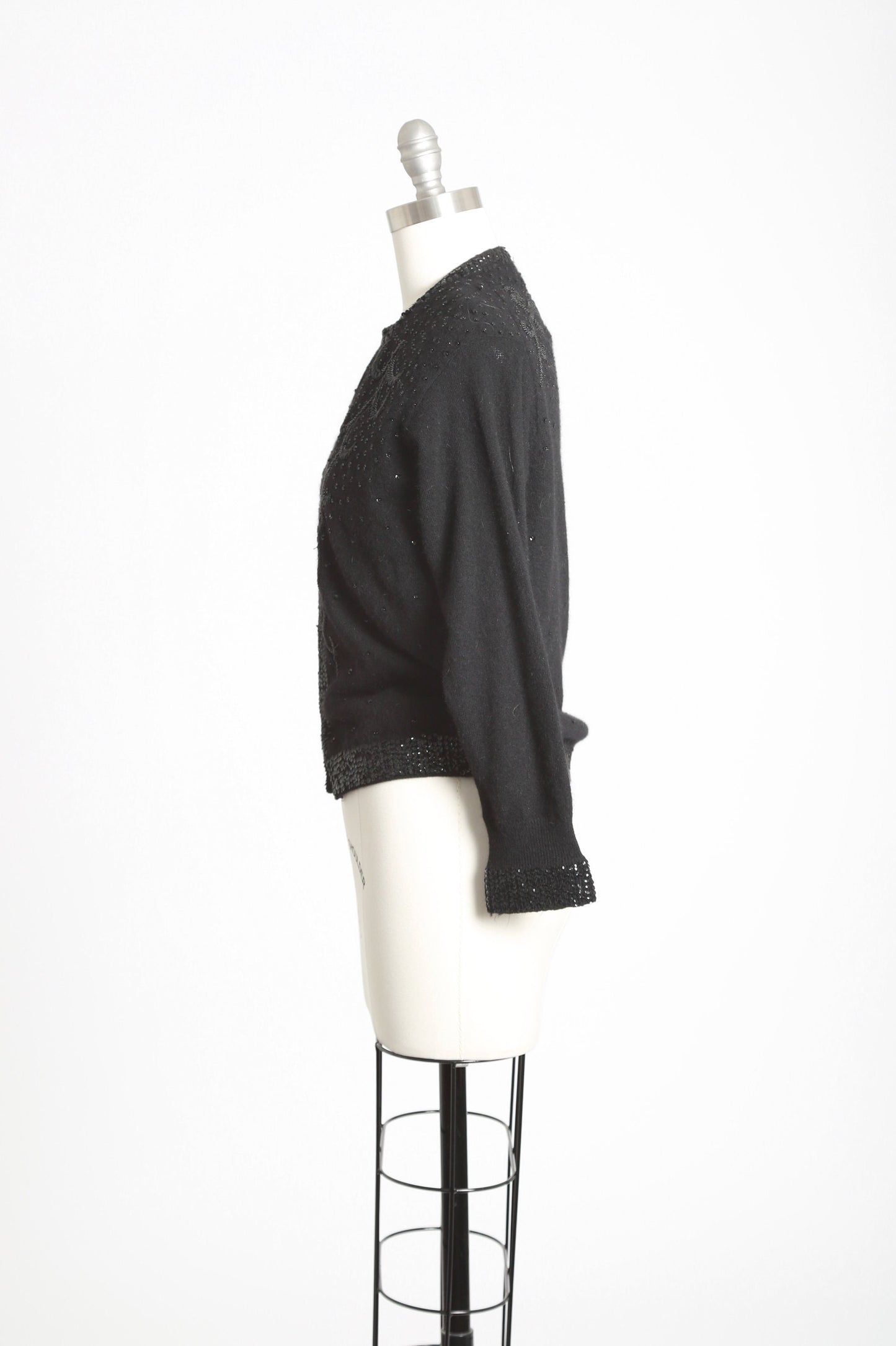 Sequin lambswool cardigan | Vintage 50s black sequin knit cardigan | 1950s Cyn Less angora beaded sweater