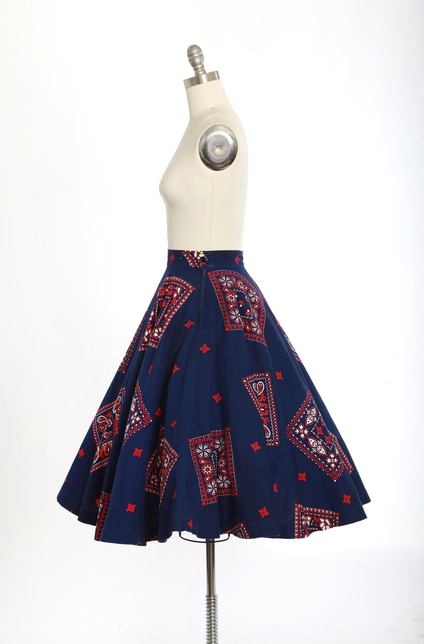Vintage 1950s I. Magnin red, white & blue bandana print cotton circle skirt