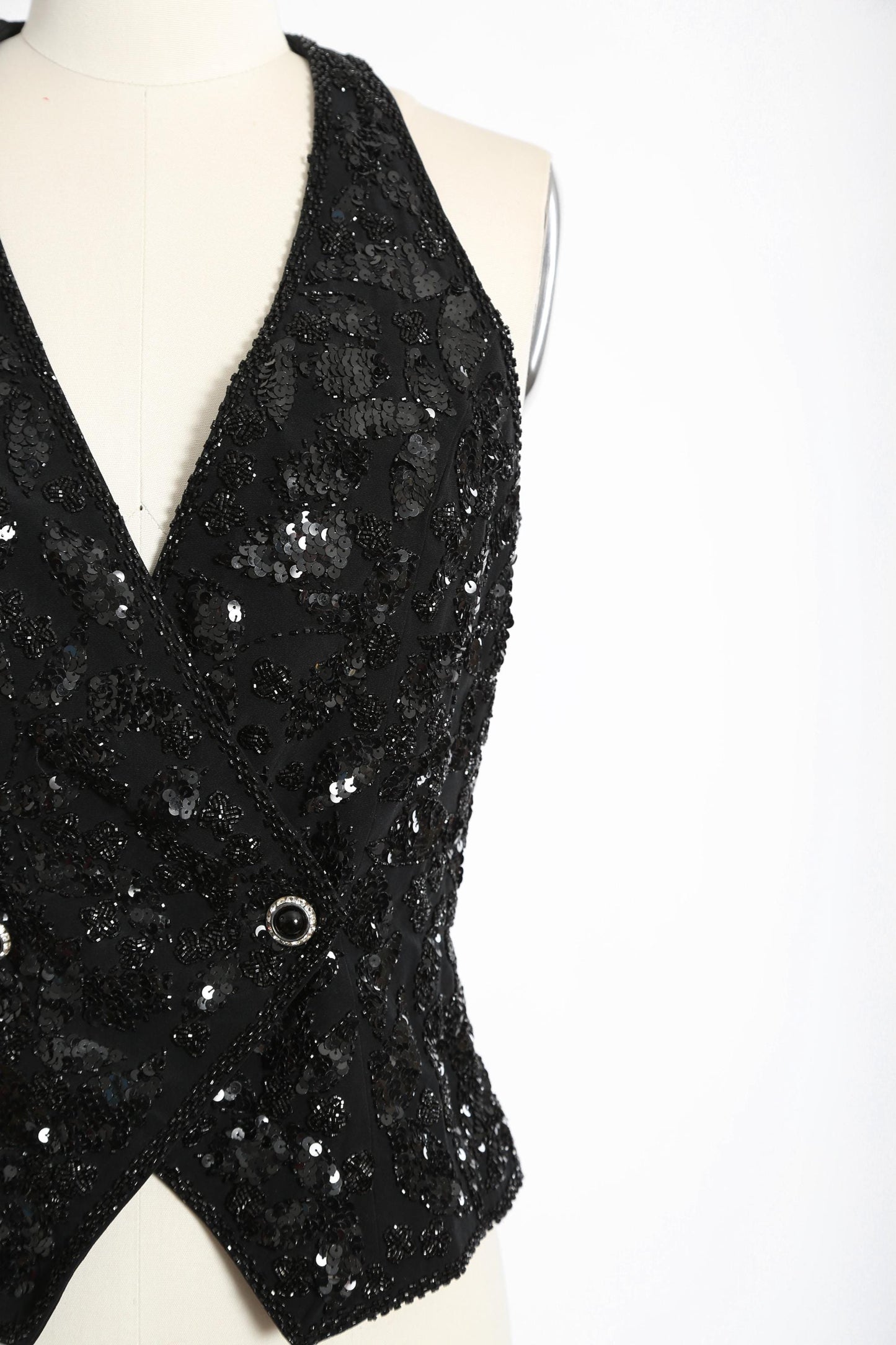 Vintage 90s Black beaded sequin tuxedo halter top
