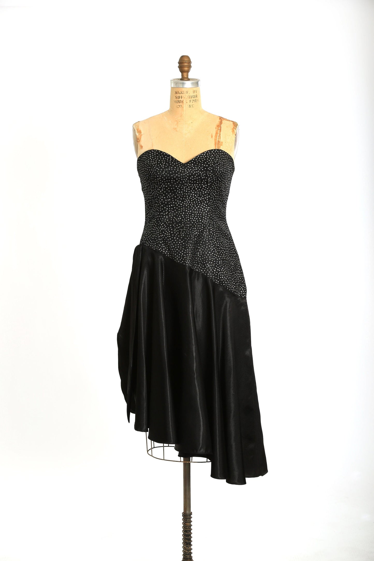 Vintage 90s does 50s black glitter asymmetrical satin cocktail dress