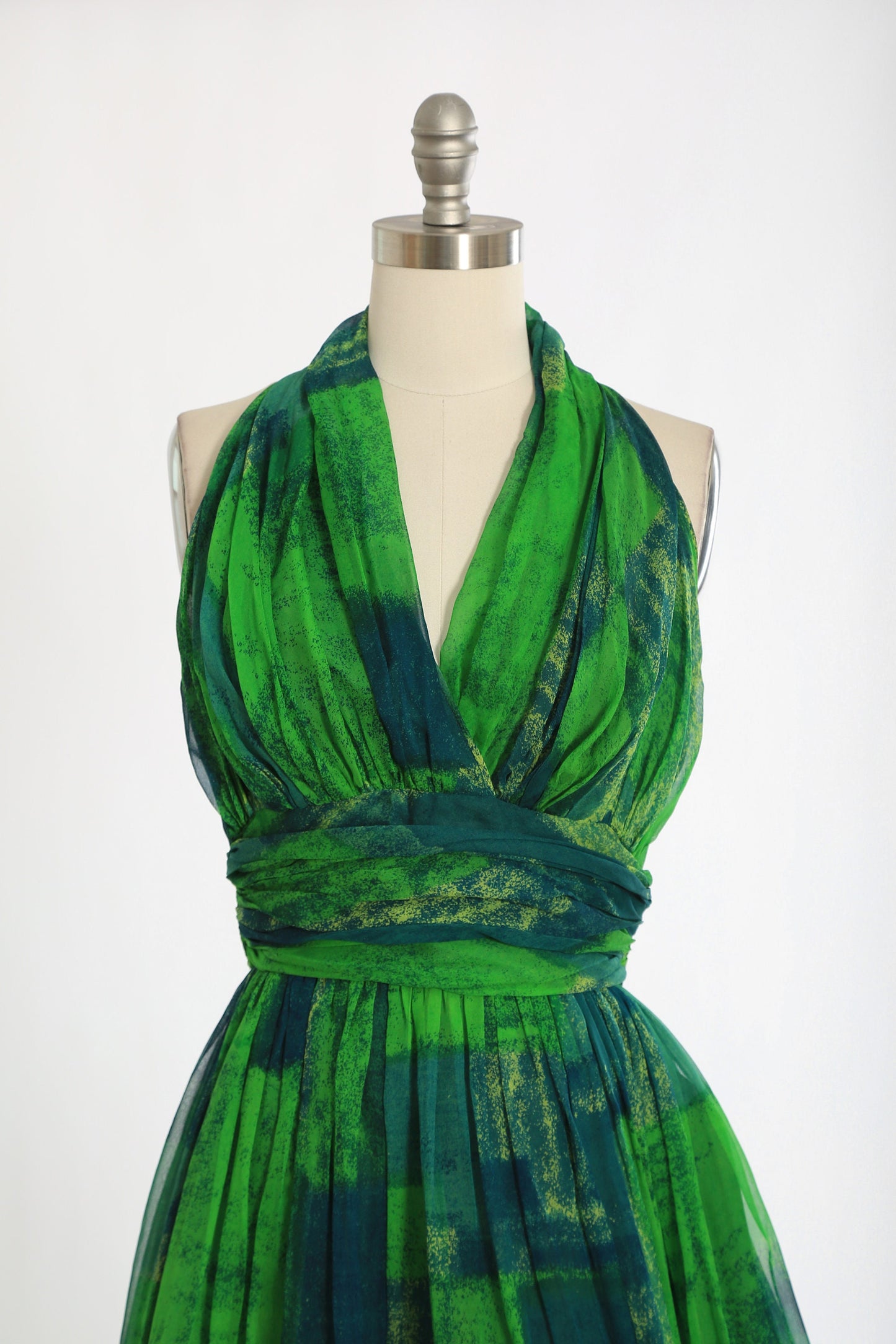 Vintage 50s green silk halter dress | 1950s Jon McCauley abstract silk dress