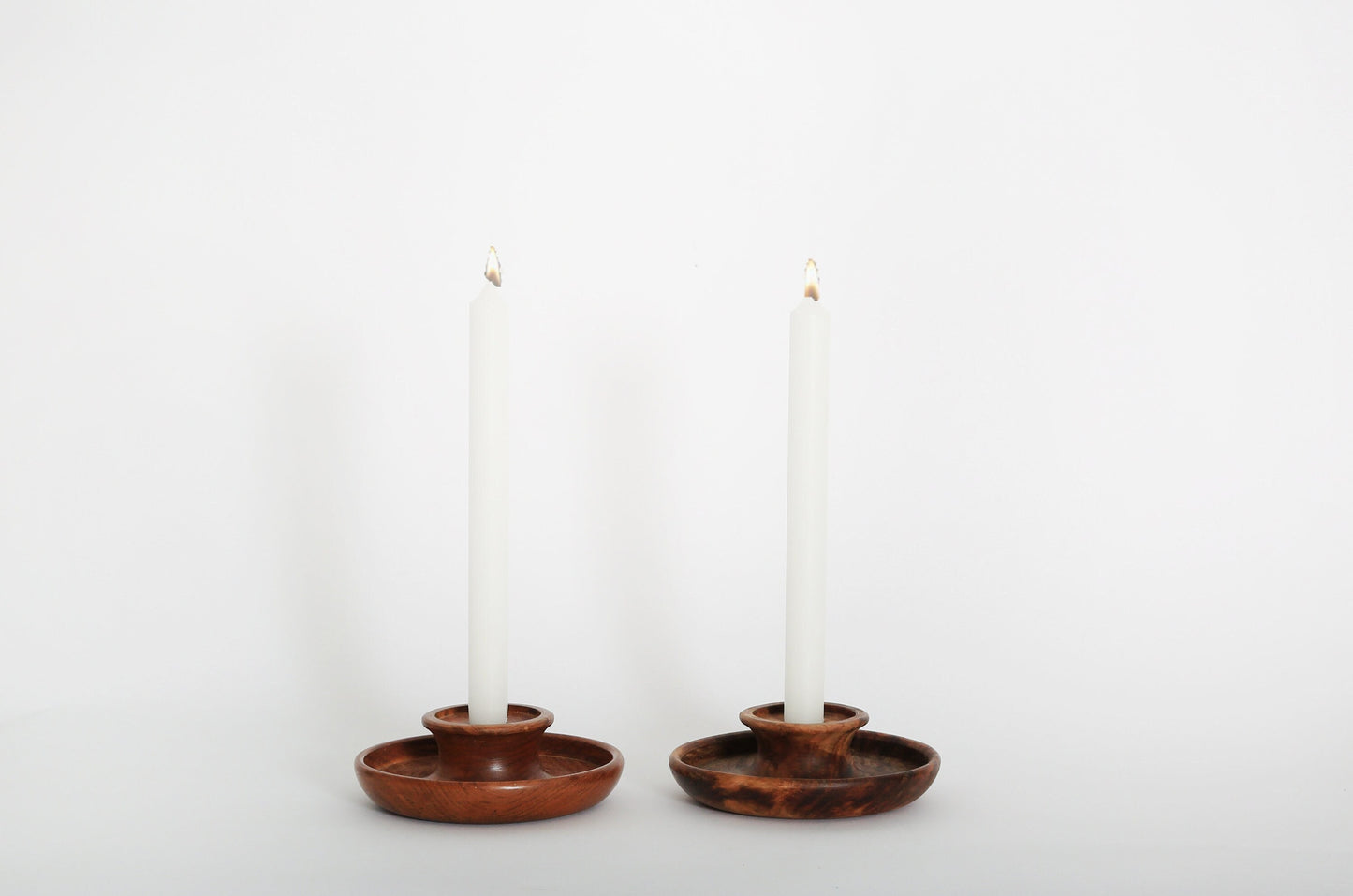 Vintage walnut turned wood candle stick holders pair