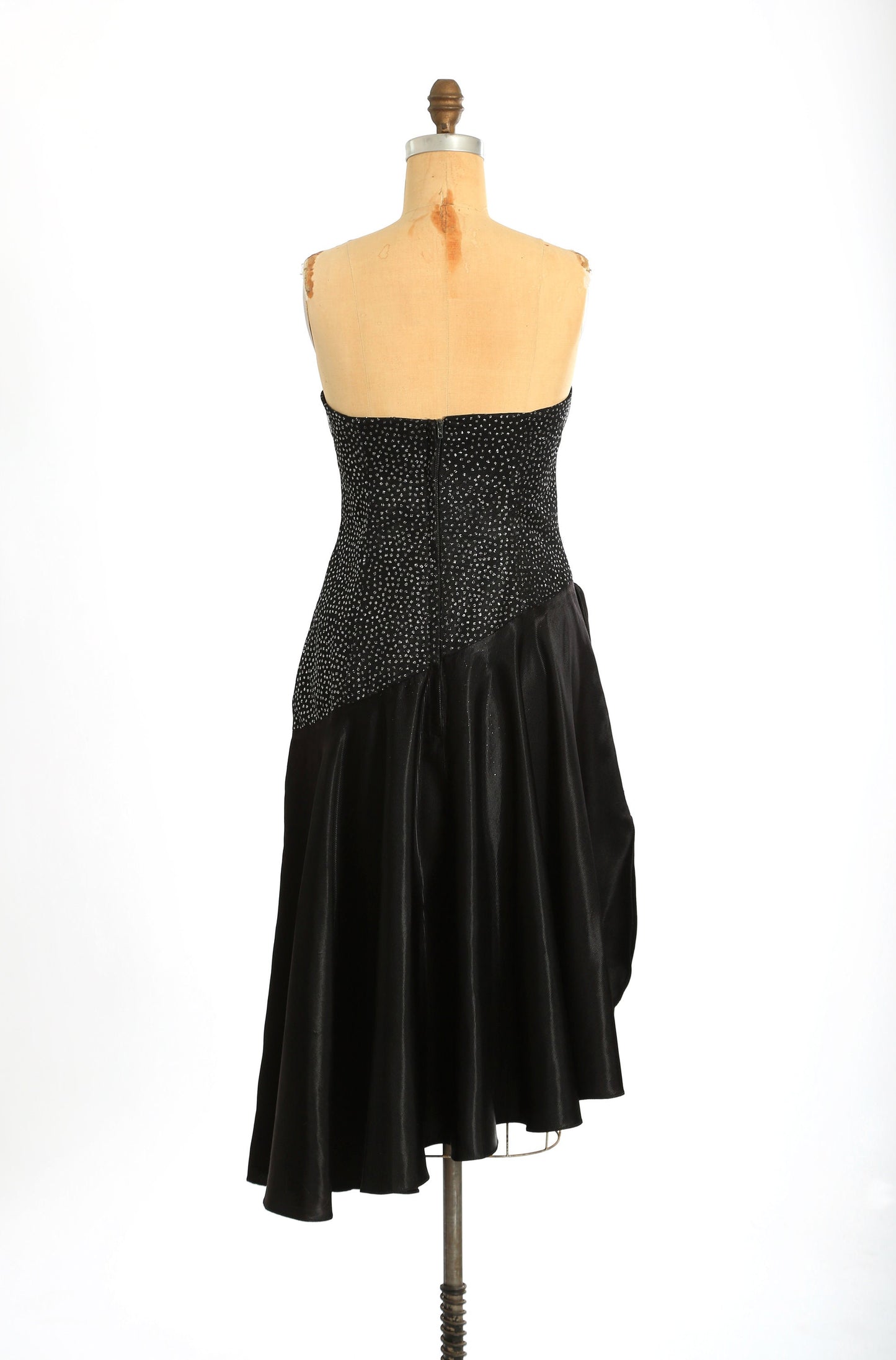 Vintage 90s does 50s black glitter asymmetrical satin cocktail dress
