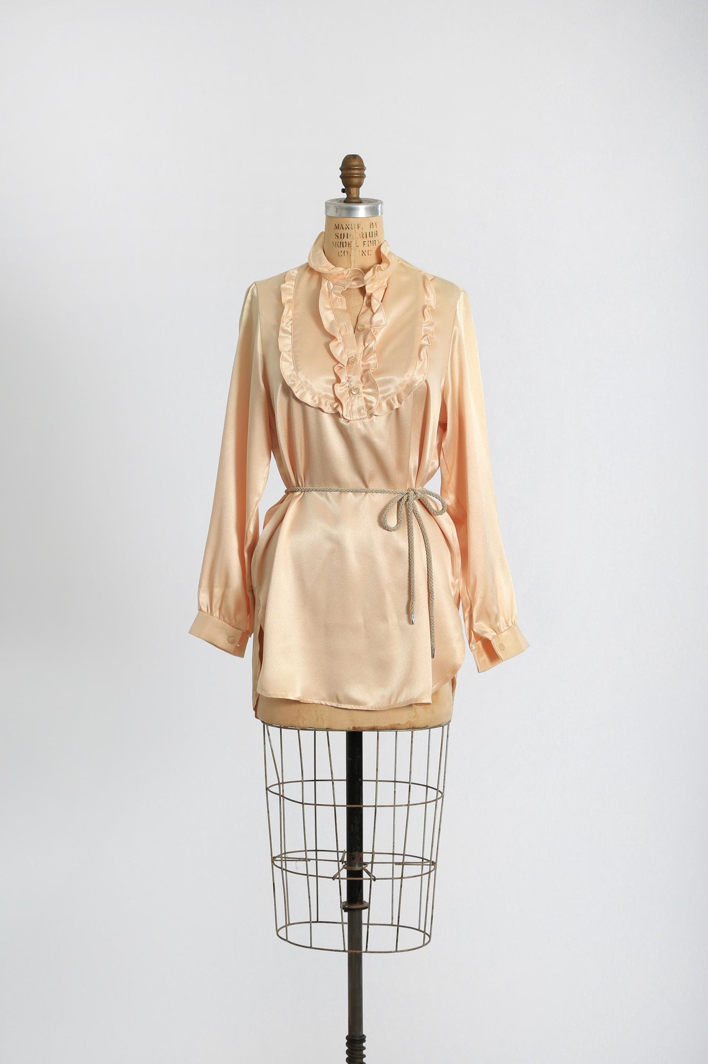 70s Fritzi belted Tuxedo blouse | Vintage 1970s Peach satin ruffle tuxedo top