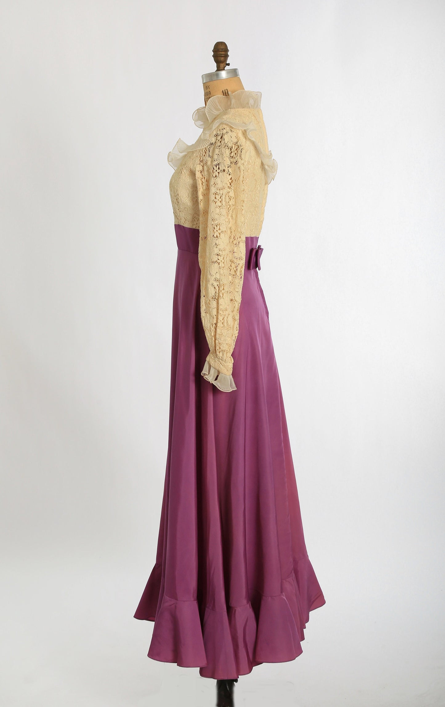 Vintage 70s ivory crochet lace purple ruffle Maxi dress