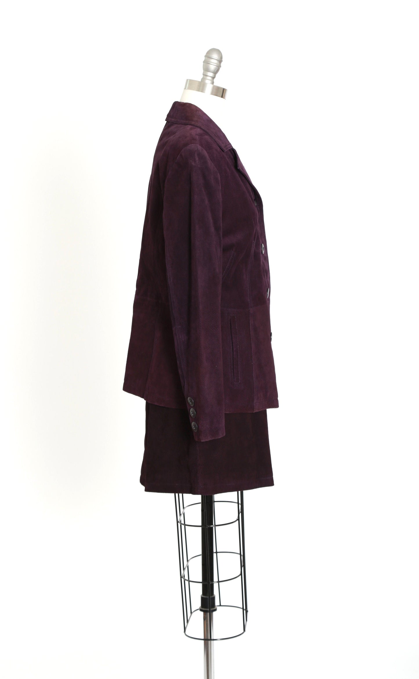90s Wilsons purple leather suit | Vintage 1990s Wilsons deadstock suede leather jacket mini skirt