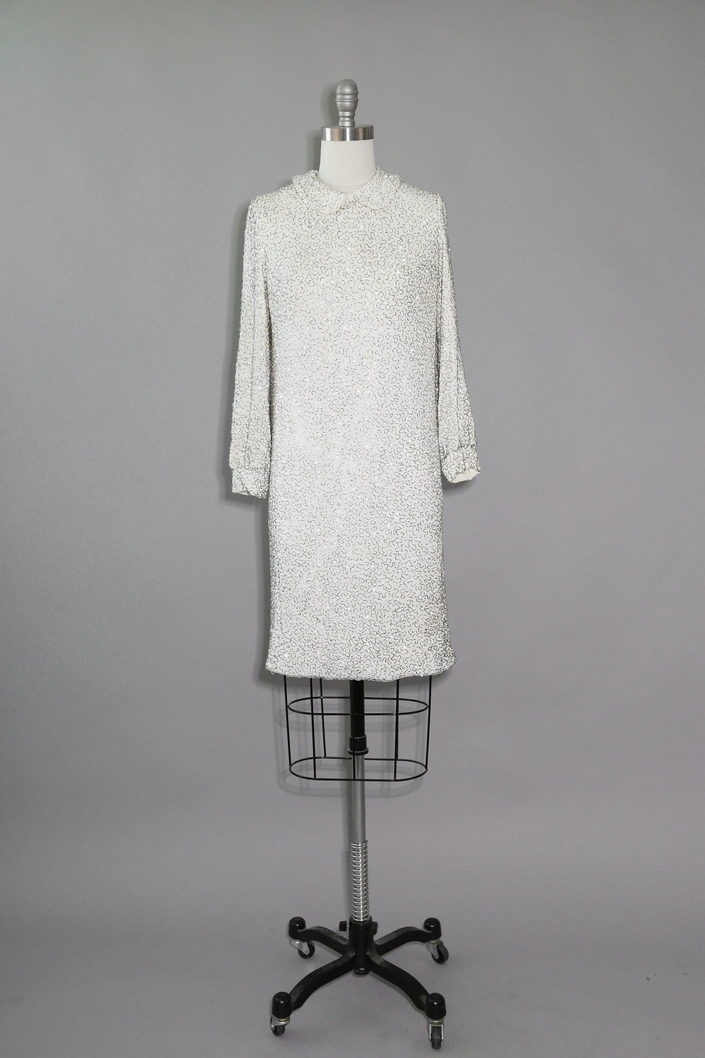 60s Couture beaded dress | Vintage 1960s Glam Heavily silver Beaded white Mod Couture Dress