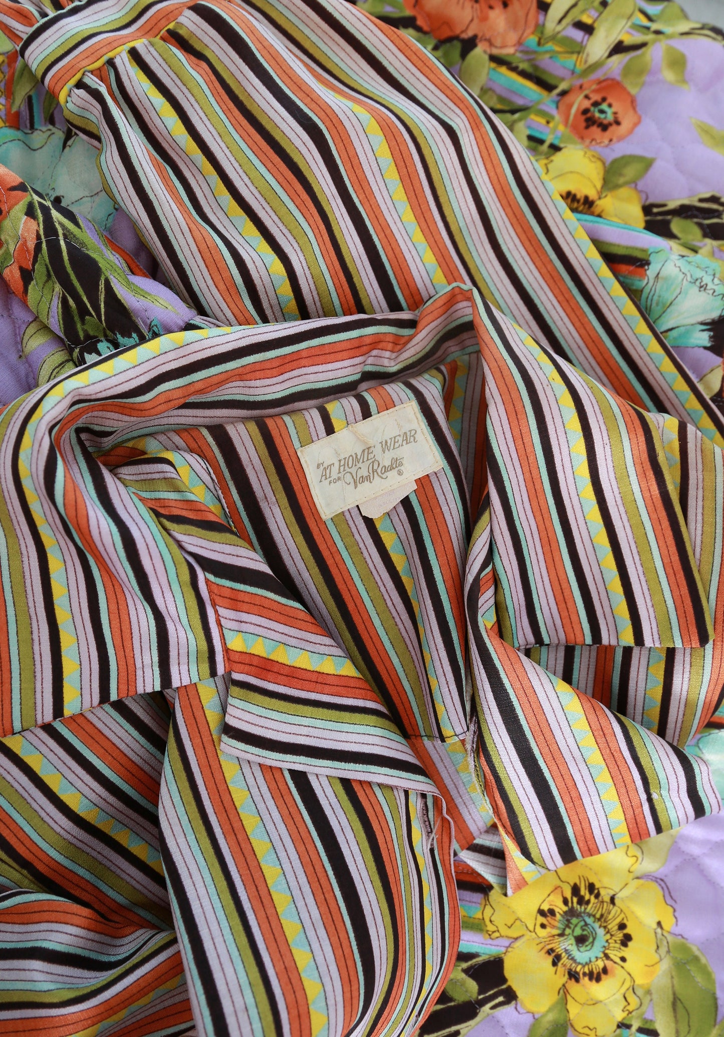 Vintage 1960s quilted floral rainbow striped house dress robe