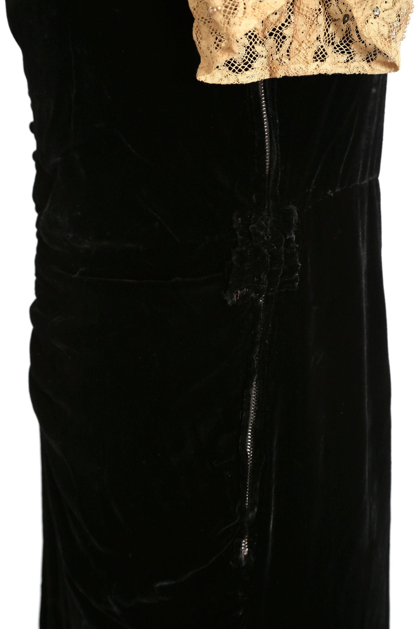 Antique Vintage 1930s black velvet floral rhinestone lace dress