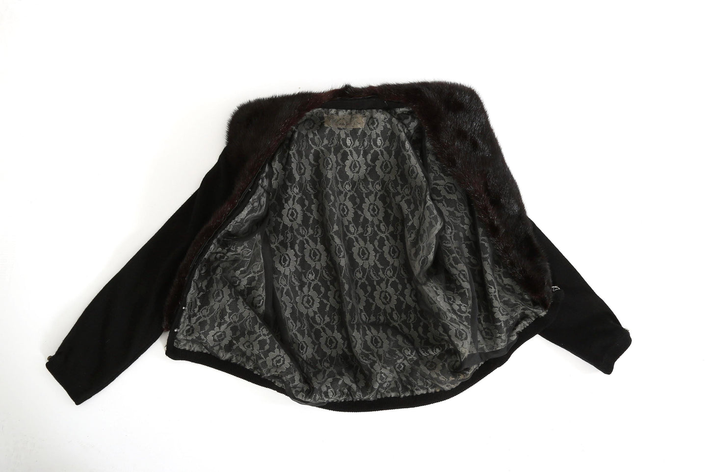 Vintage 50s black Cashmere Mink fur Collar knit cardigan sweater