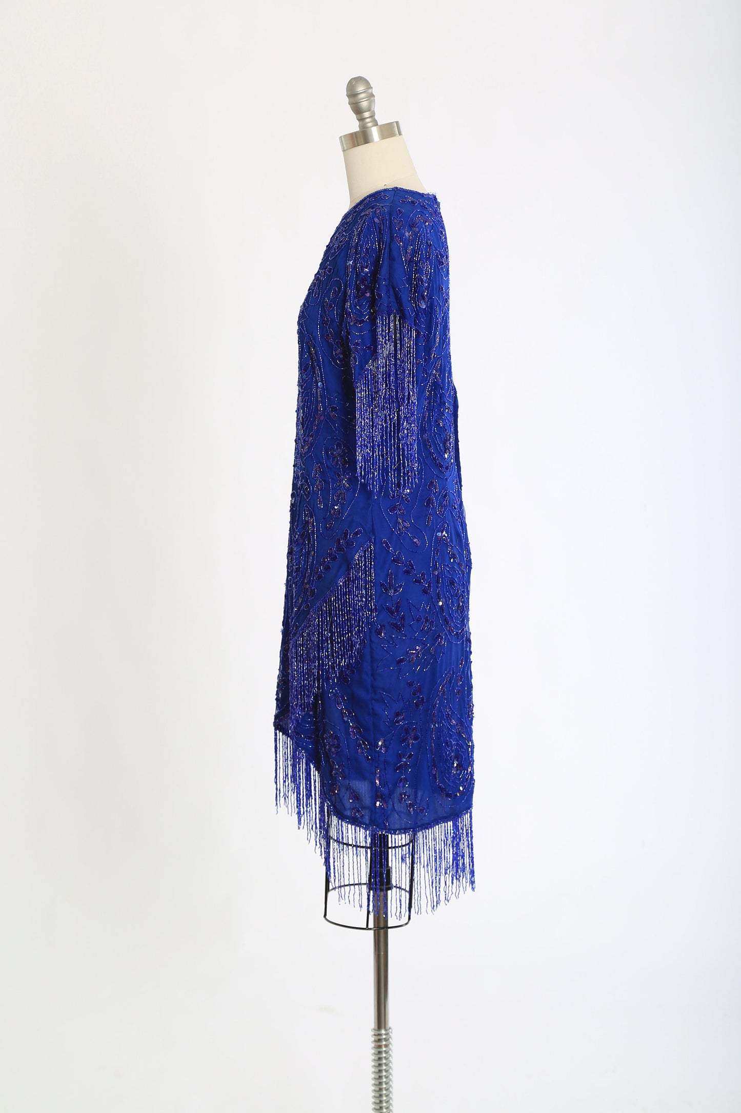 vintage 80s Blue fringe beaded sequin floral paisley silk dress