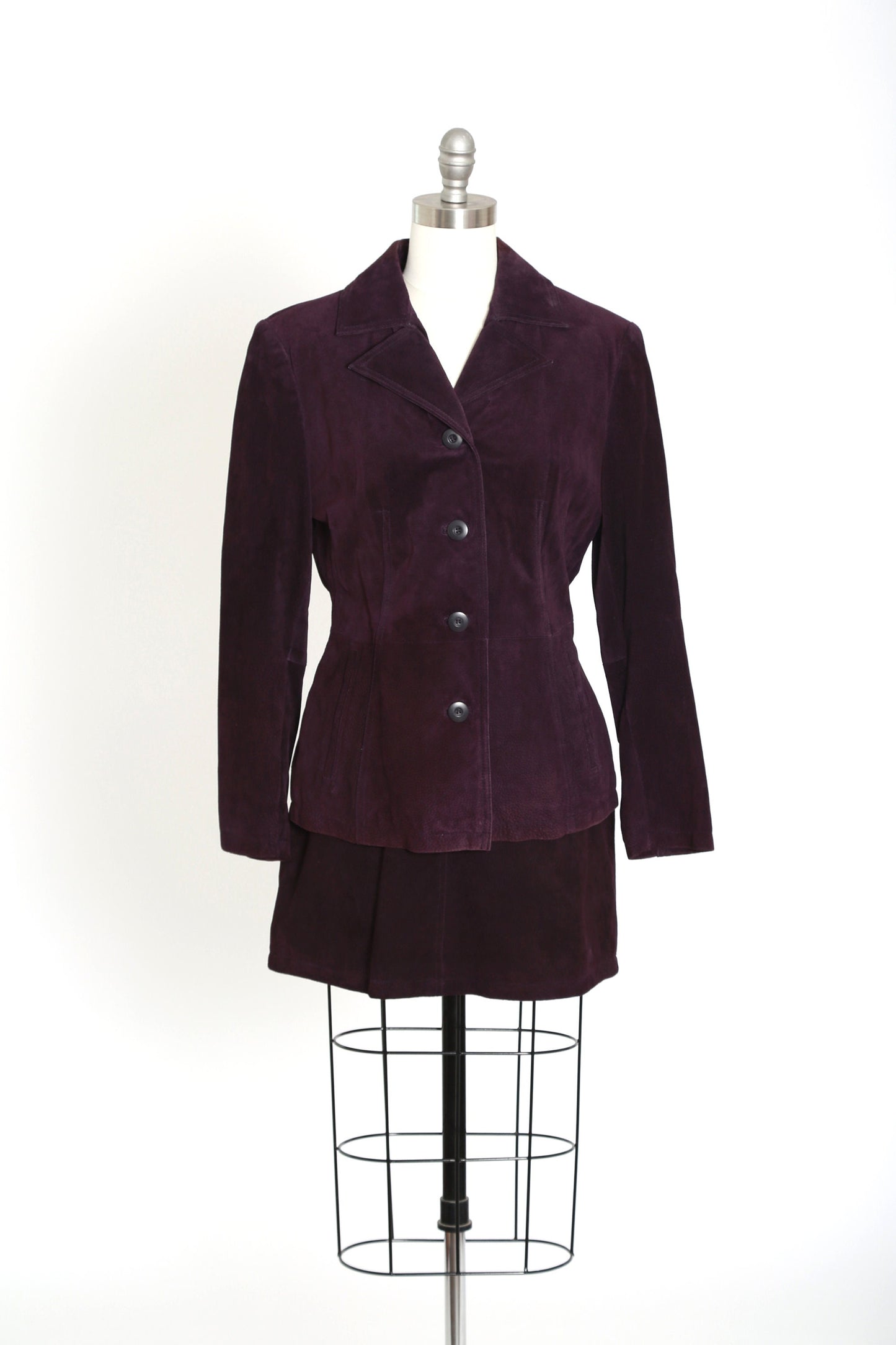 90s Wilsons purple leather suit | Vintage 1990s Wilsons deadstock suede leather jacket mini skirt