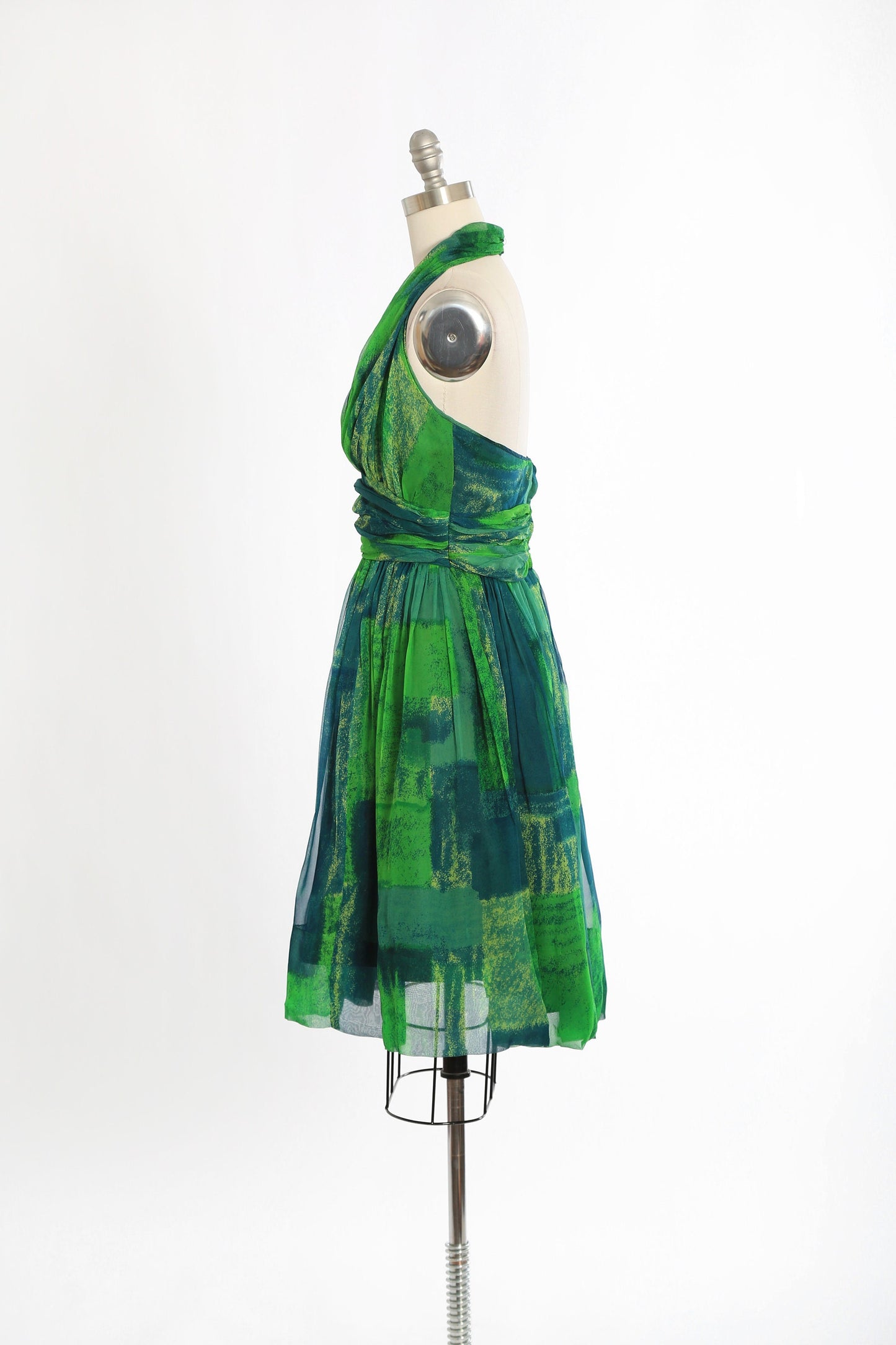 Vintage 50s green silk halter dress | 1950s Jon McCauley abstract silk dress
