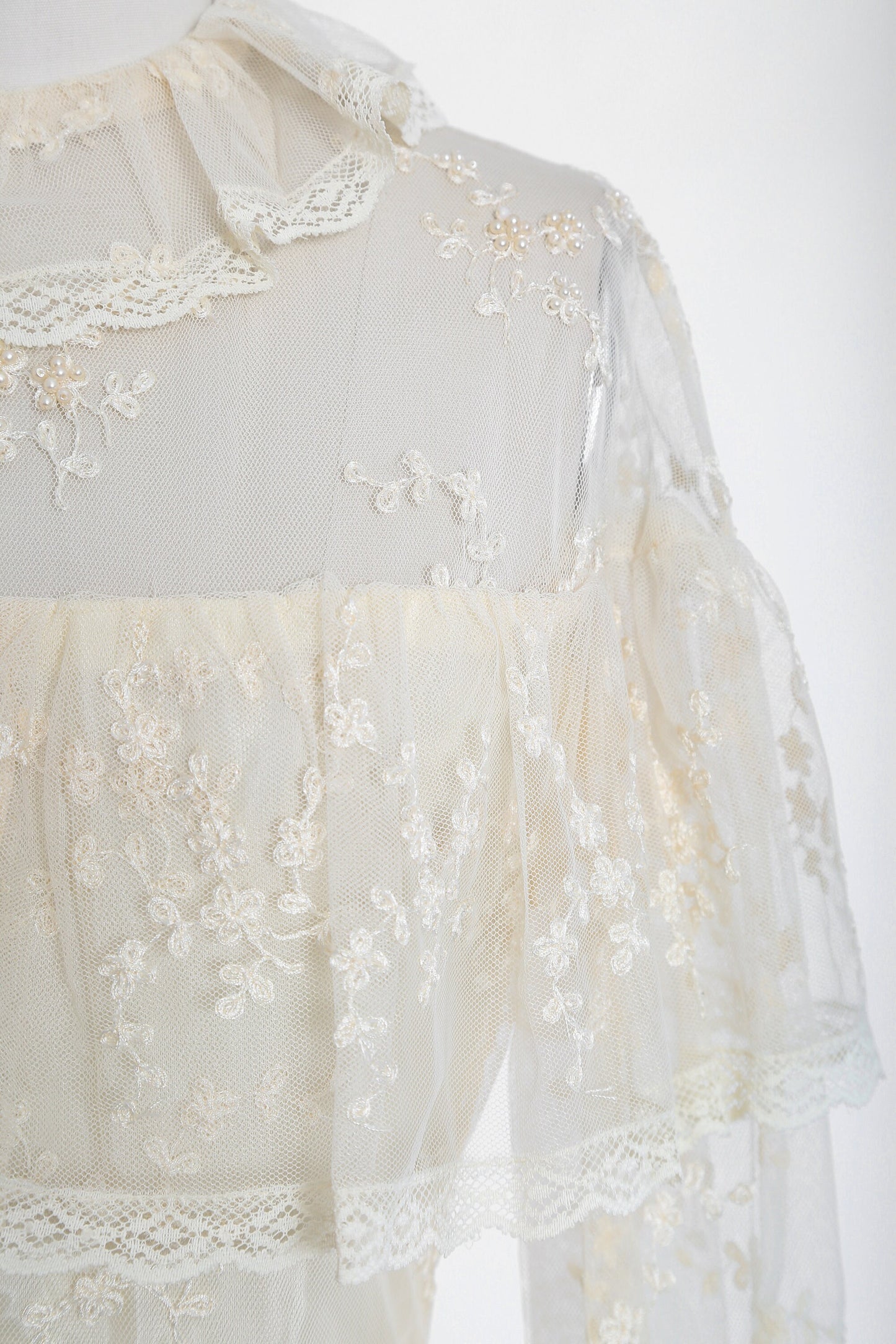 Vintage 70s Ivory floral crochet lace beaded Wedding dress | 1970s Boho long sleeve wedding dress