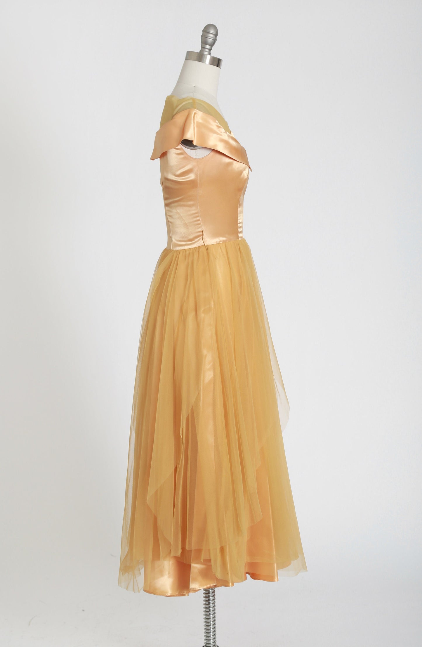 50s gold satin dress | vintage 1950s satin chiffon dress