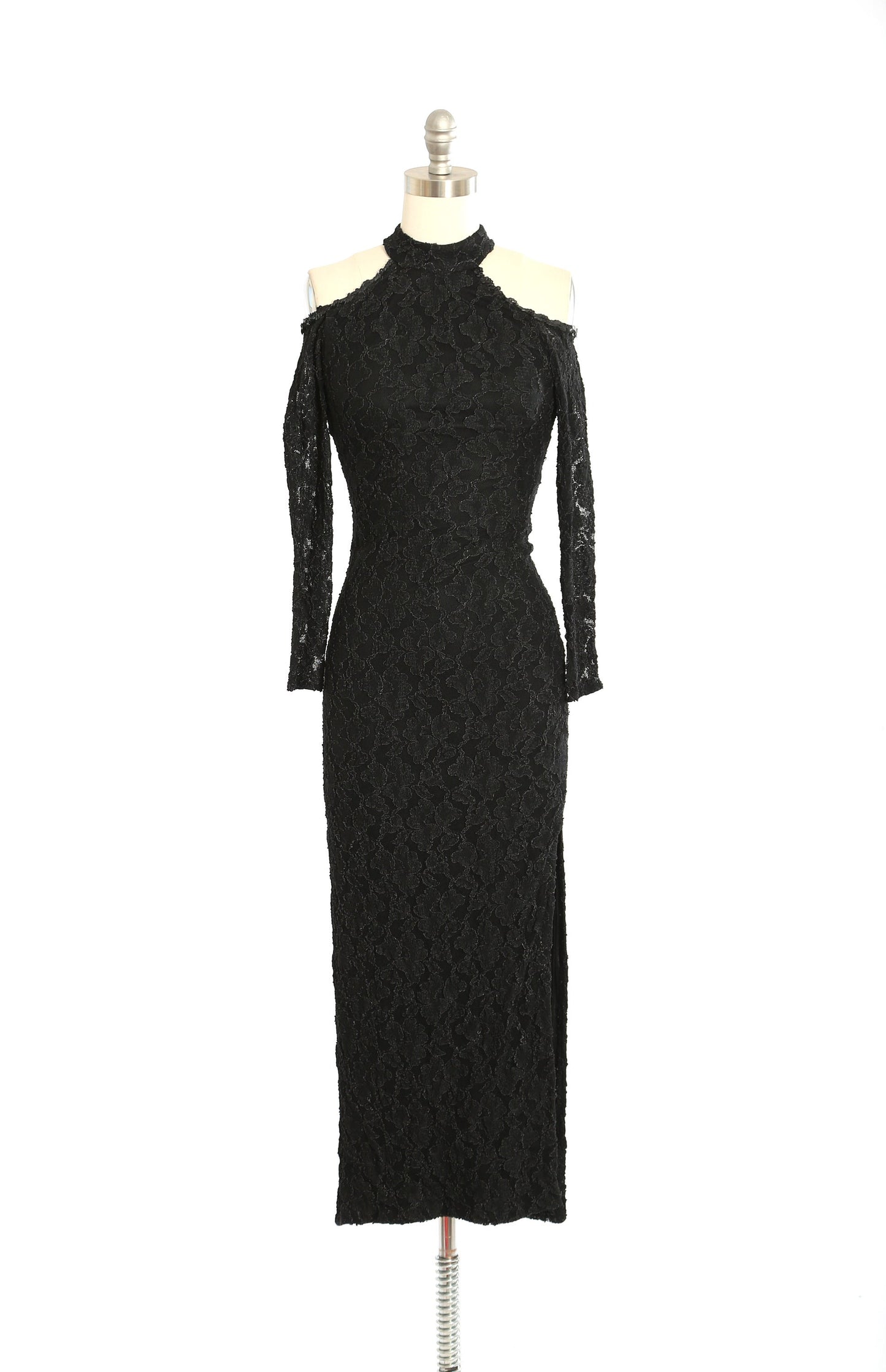 Vintage 80s black lace sequin bodycon maxi dress