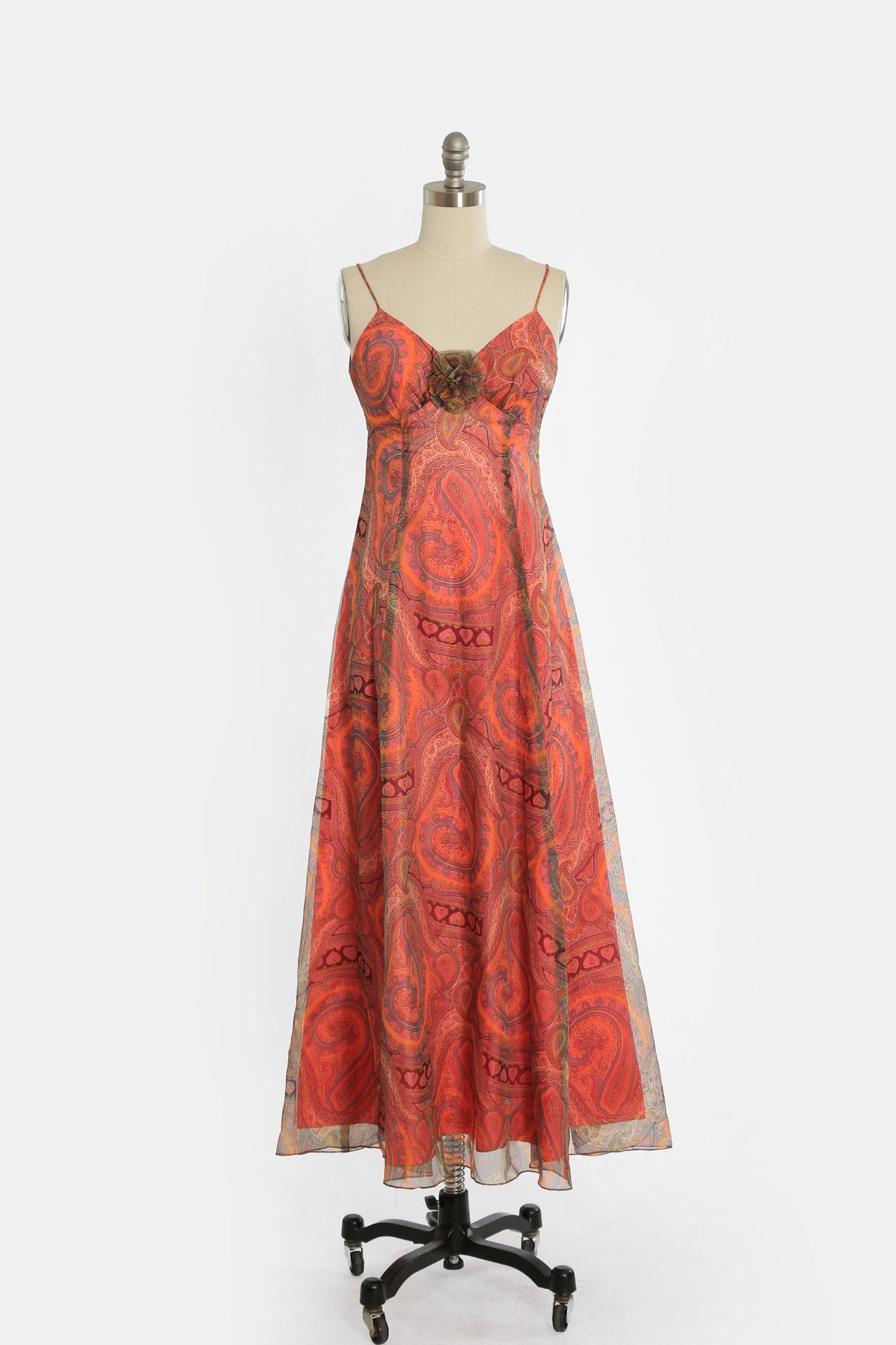 Vintage 70s psychedelic chiffon orange paisley maxi dress