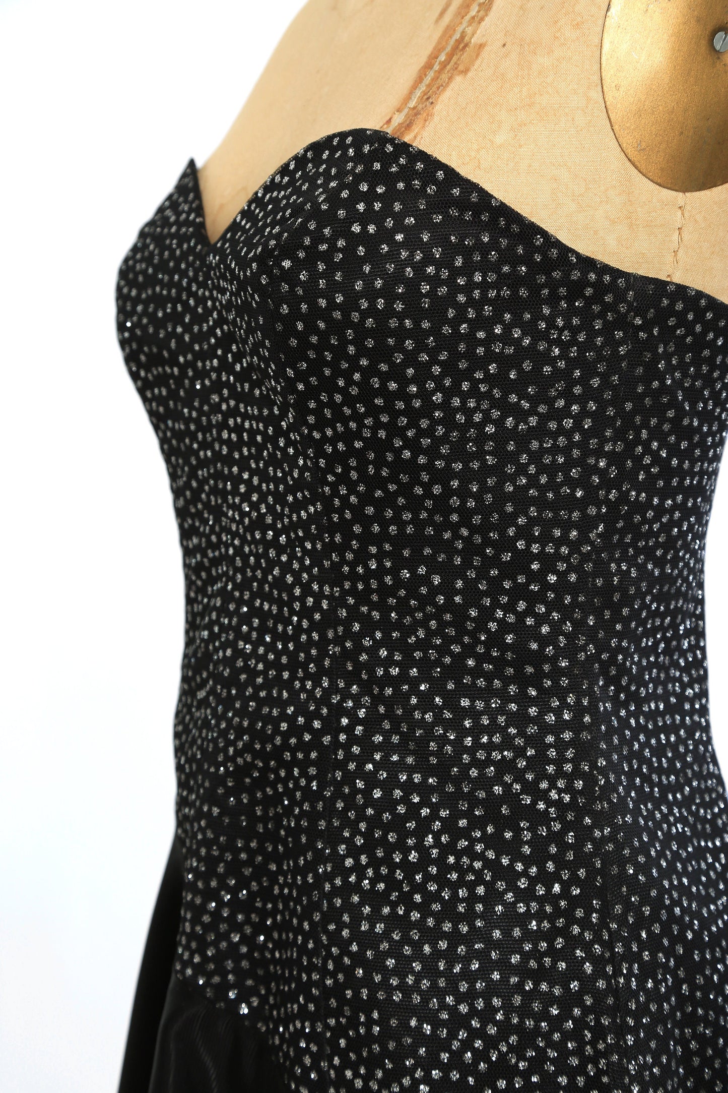Vintage 90s does 50s black glitter asymmetrical satin cocktail dress