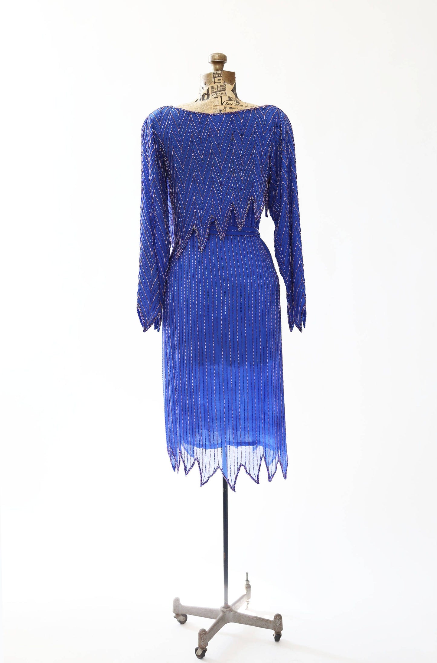 Vintage 70s blue beaded silk dress | 1970s 3pc beaded cocktail dress