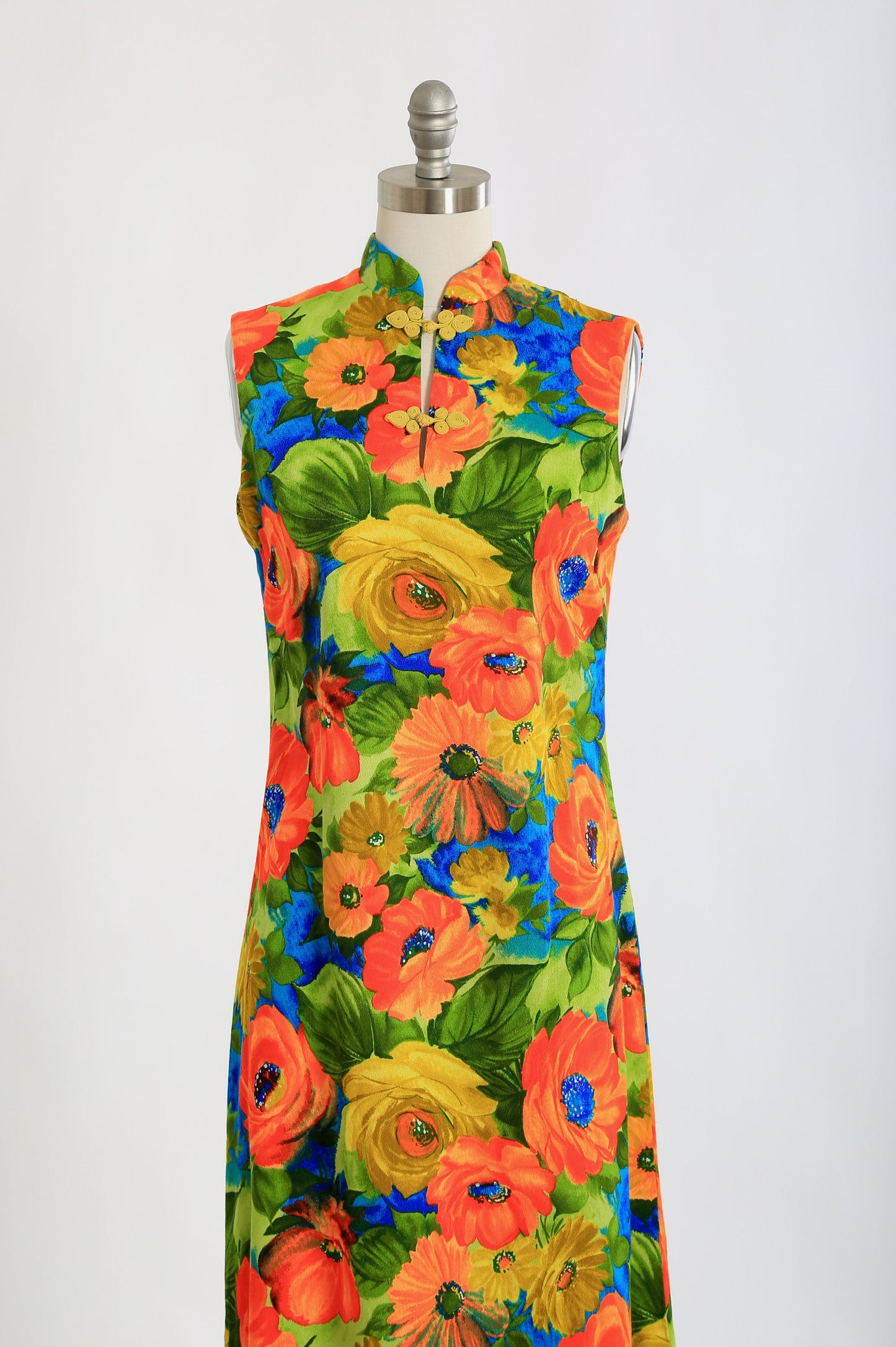 Vintage 1960s 70s Neon floral barkcloth maxi dress