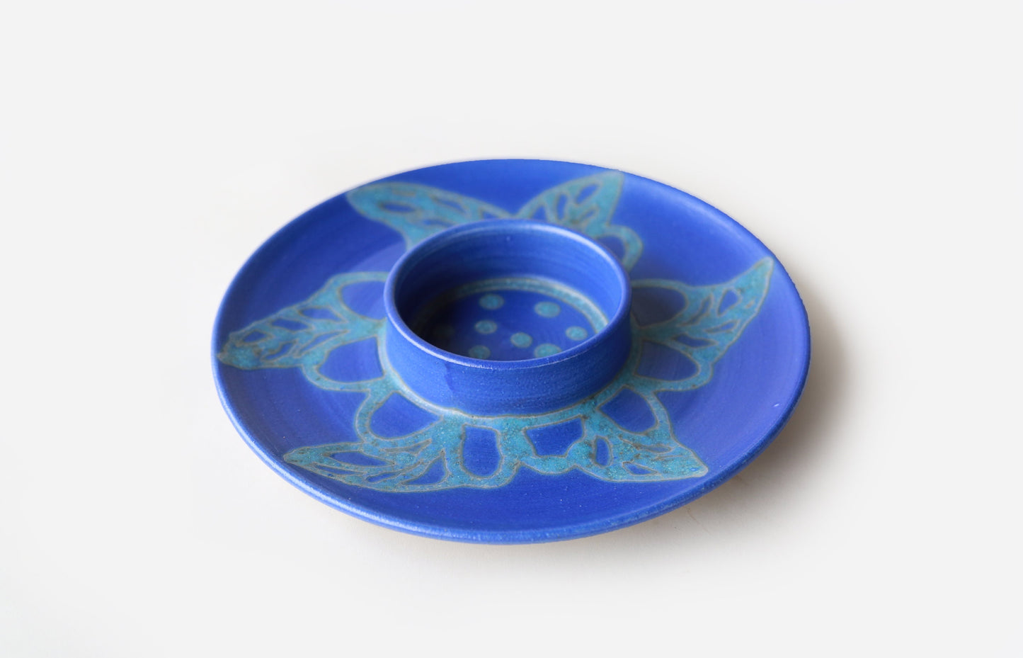 Studio Art stoneware chip dip dish | Vintage stoneware abstract blue serving plate