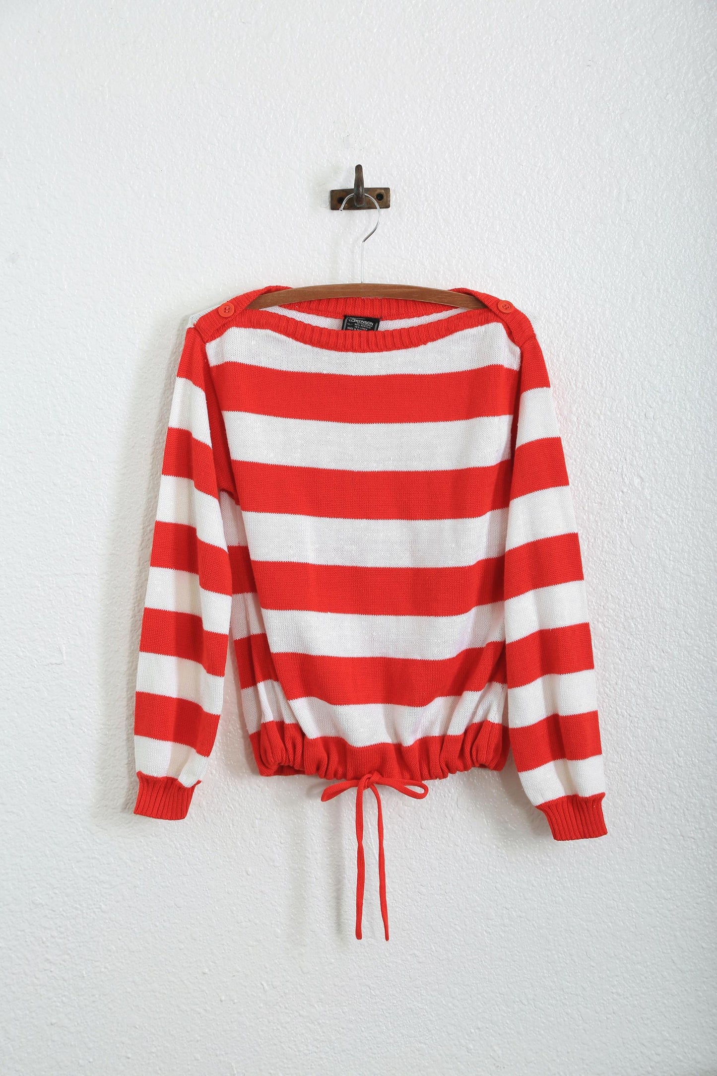 70s red striped knit draw string sweater