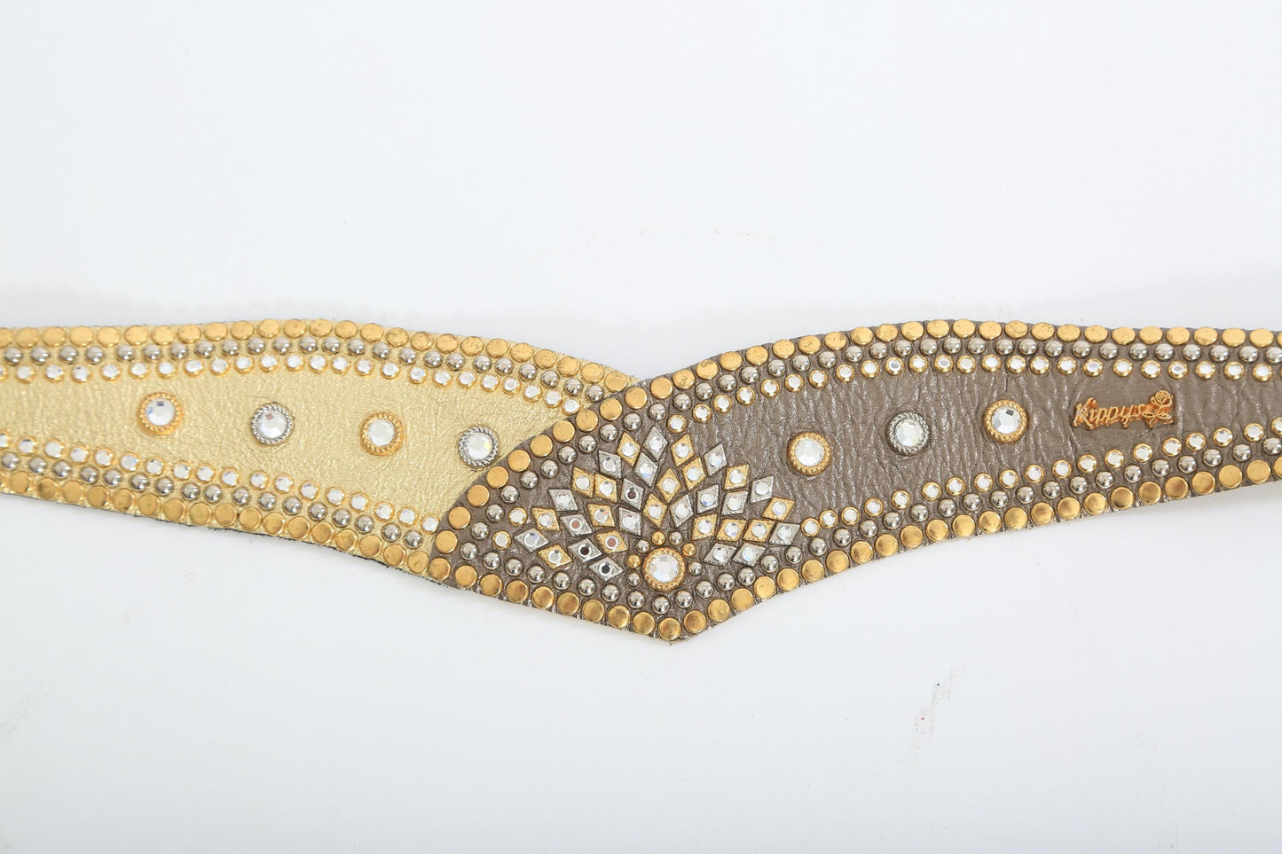 Vintage 80s Kippys gold & silver leather studded Rhinestone kidney belt