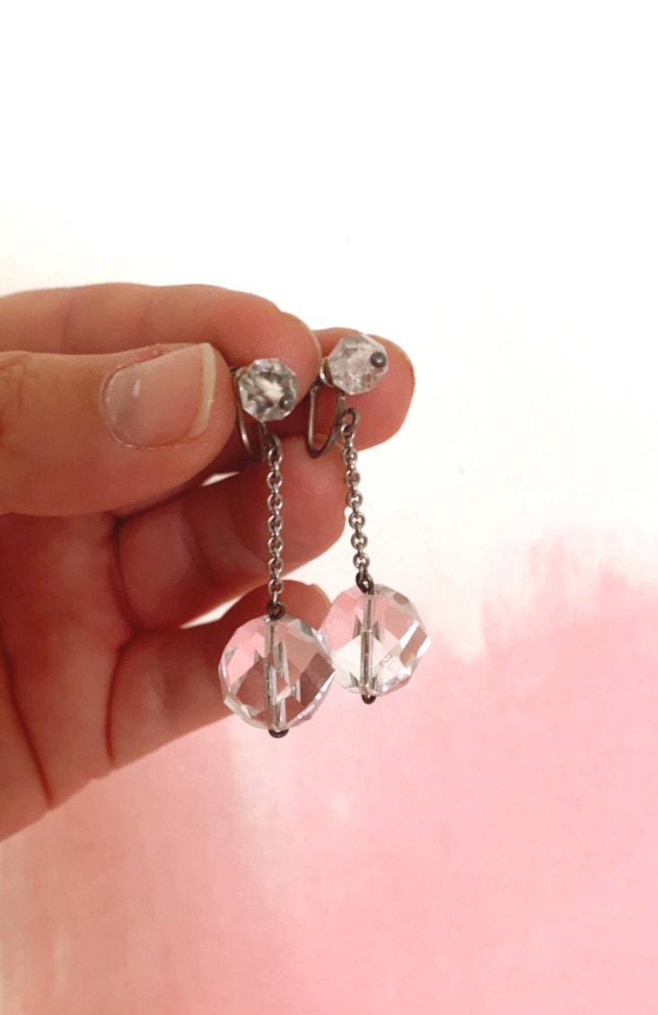 Vintage 1950s Rock crystal ball sterling silver screw back earrings