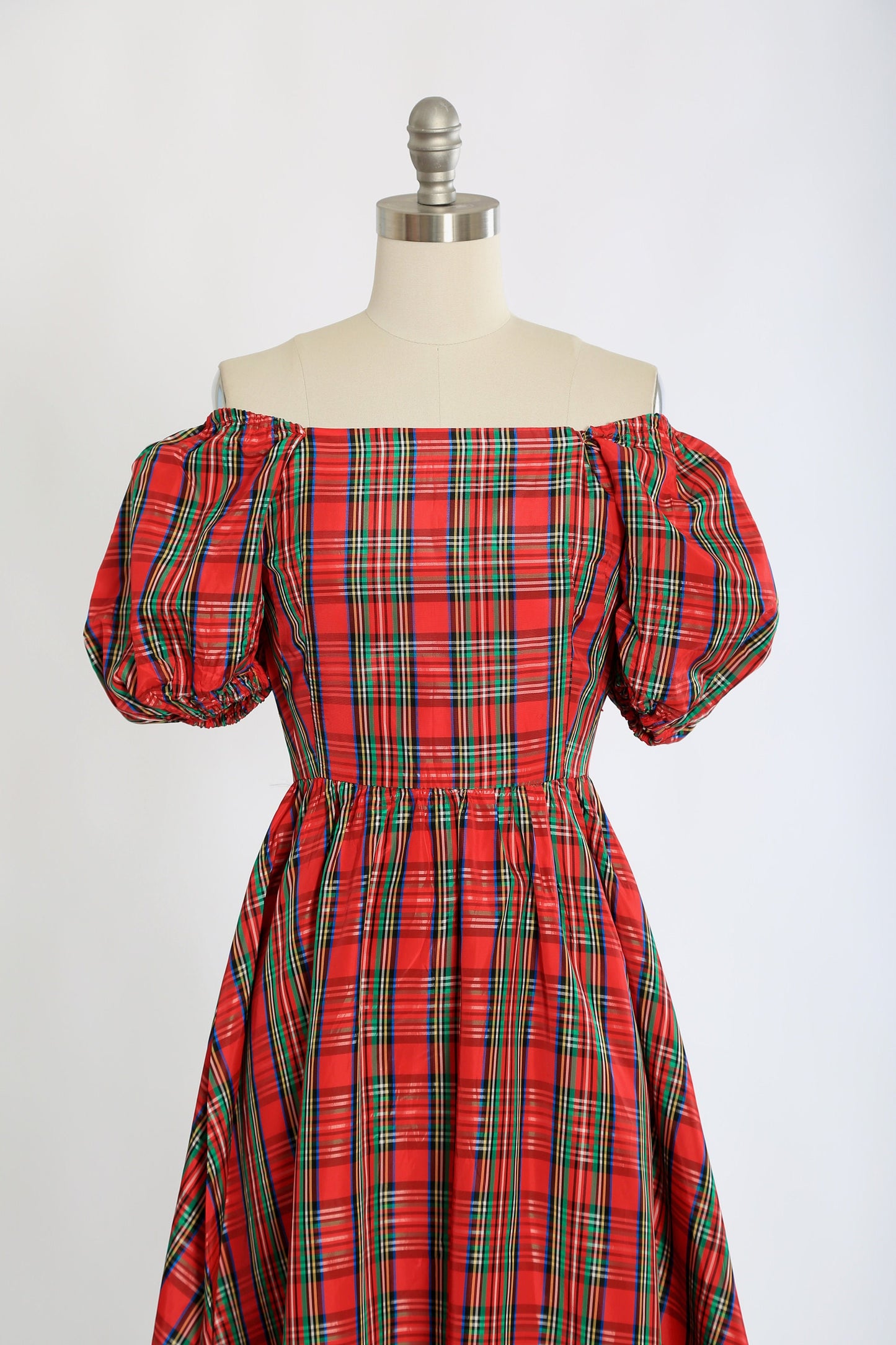 Vintage 80s Red plaid puff sleeve satin dress