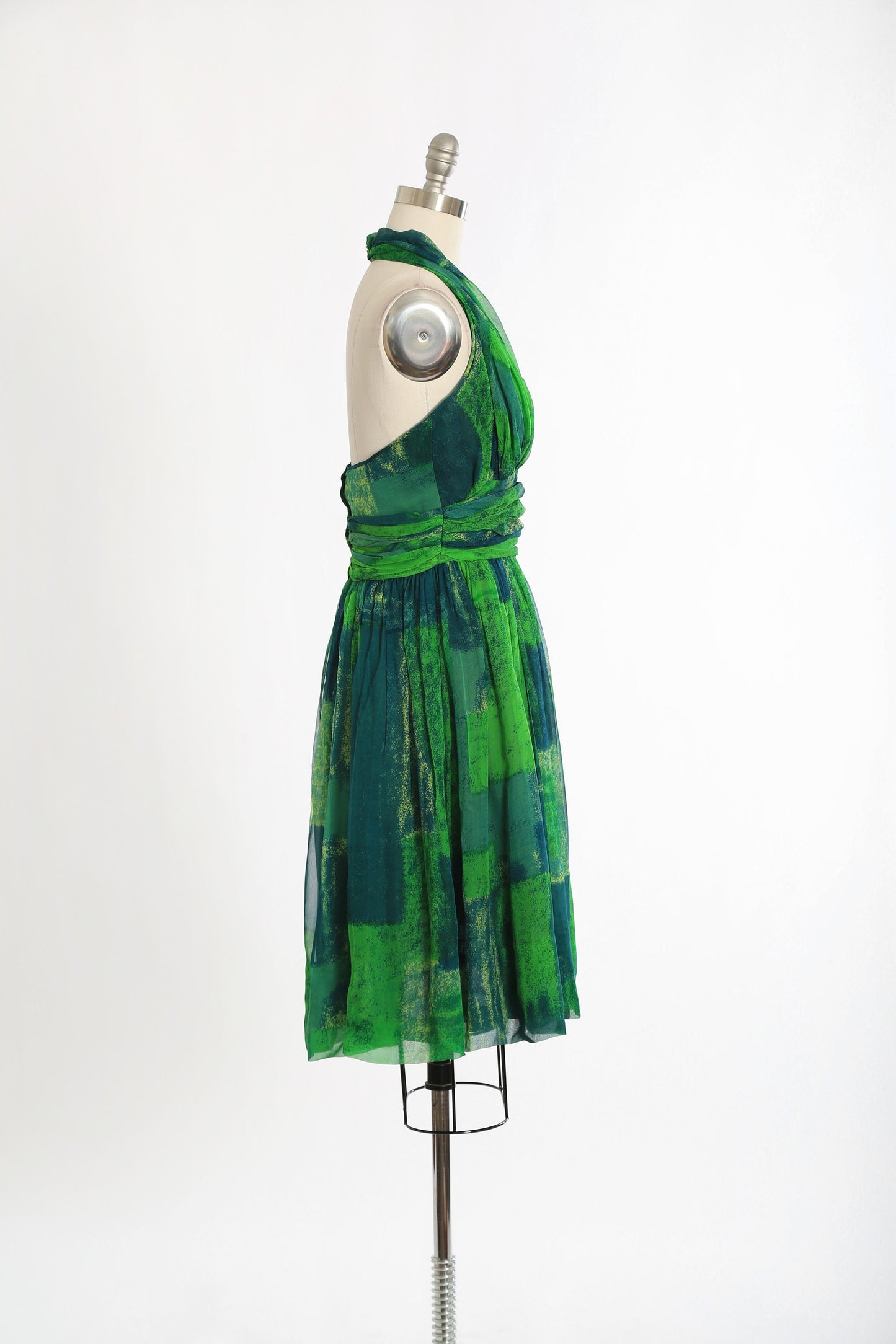 Vintage 50s green silk halter dress | 1950s Jon McCauley abstract silk dress