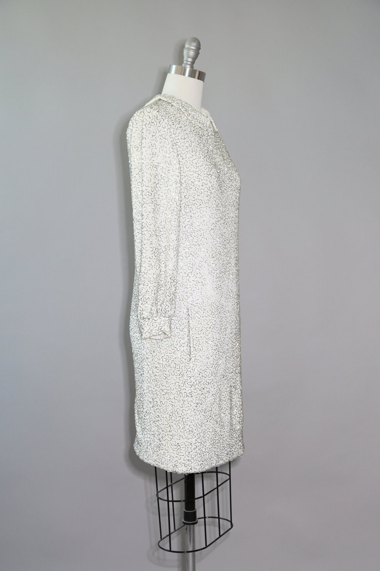 60s Couture beaded dress | Vintage 1960s Glam Heavily silver Beaded white Mod Couture Dress