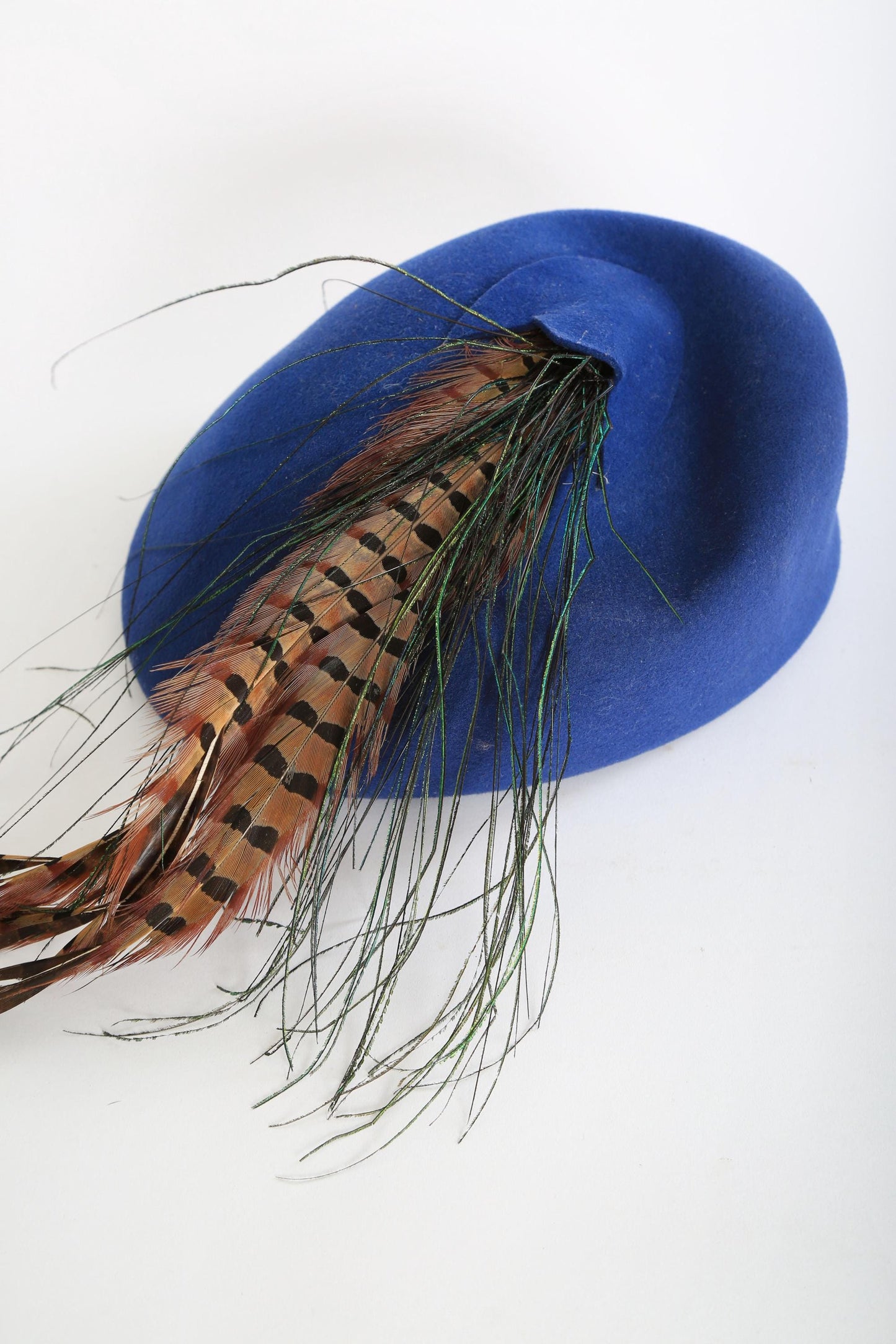 40s Blue wool Feather Hat | Vintage 1940s Geo w Bollman blue hat