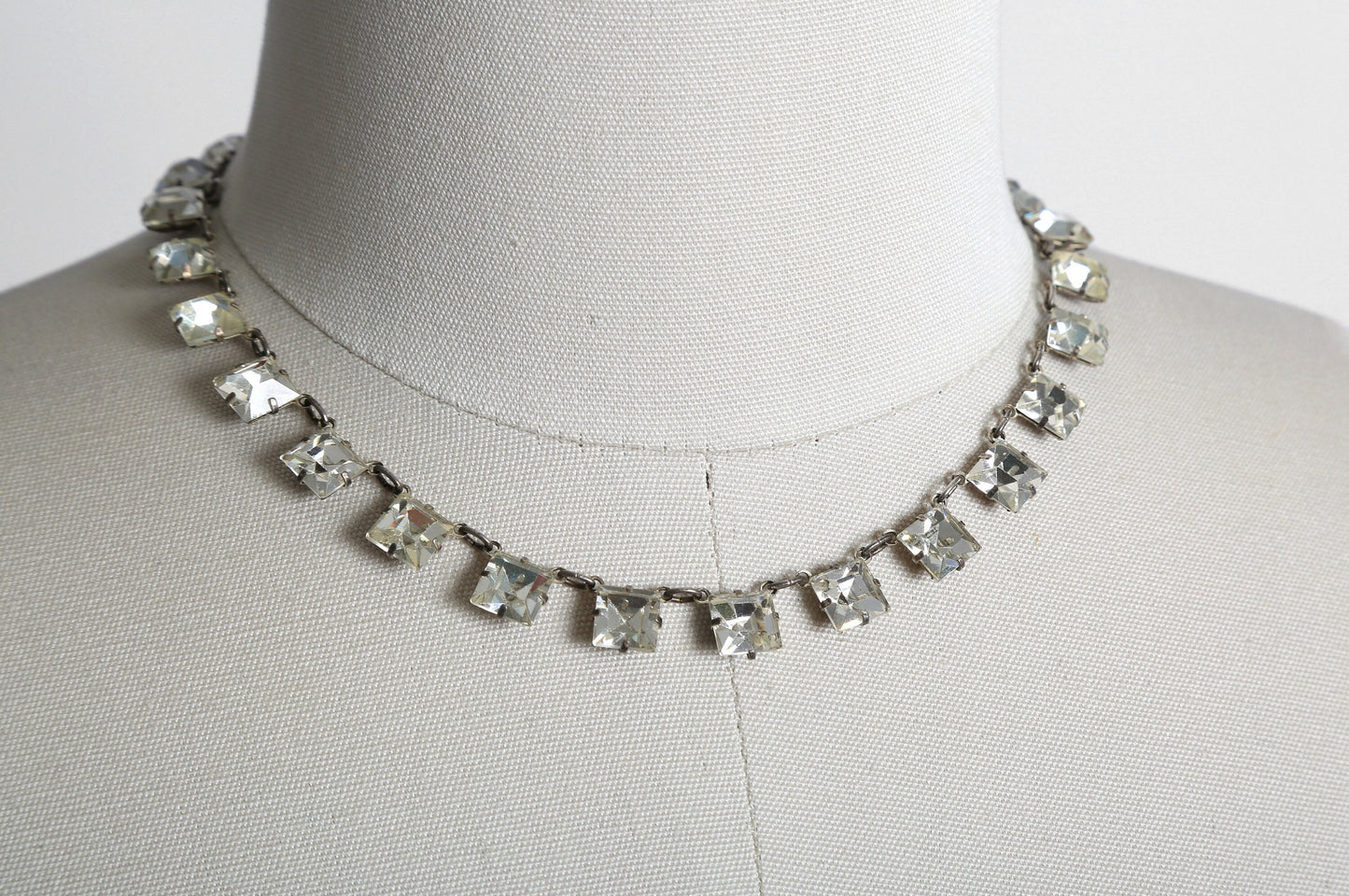 40s Square Cut glass Necklace | Antique Vintage 1940s delicate sterling silver jeweled necklace | Wedding necklace