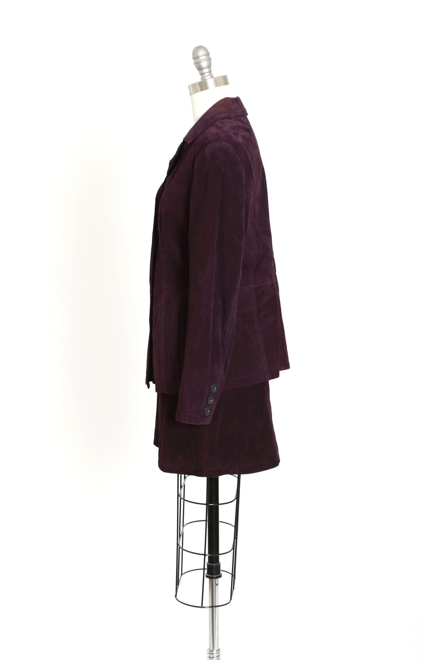 90s Wilsons purple leather suit | Vintage 1990s Wilsons deadstock suede leather jacket mini skirt