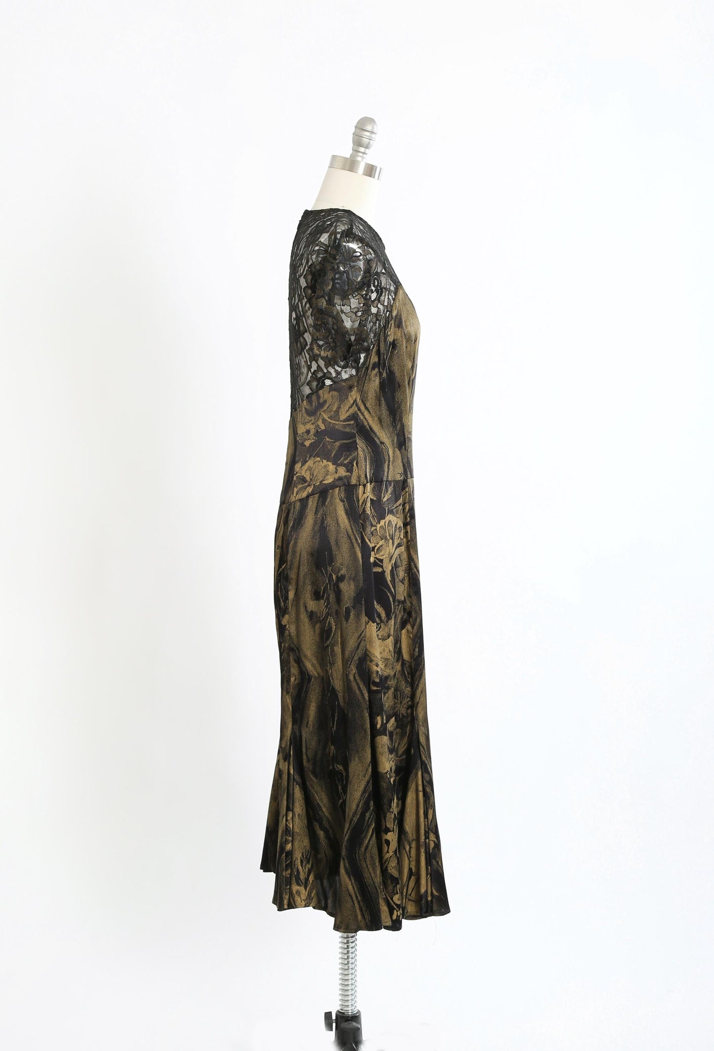 90s Carole Little black gold floral lace maxi dress
