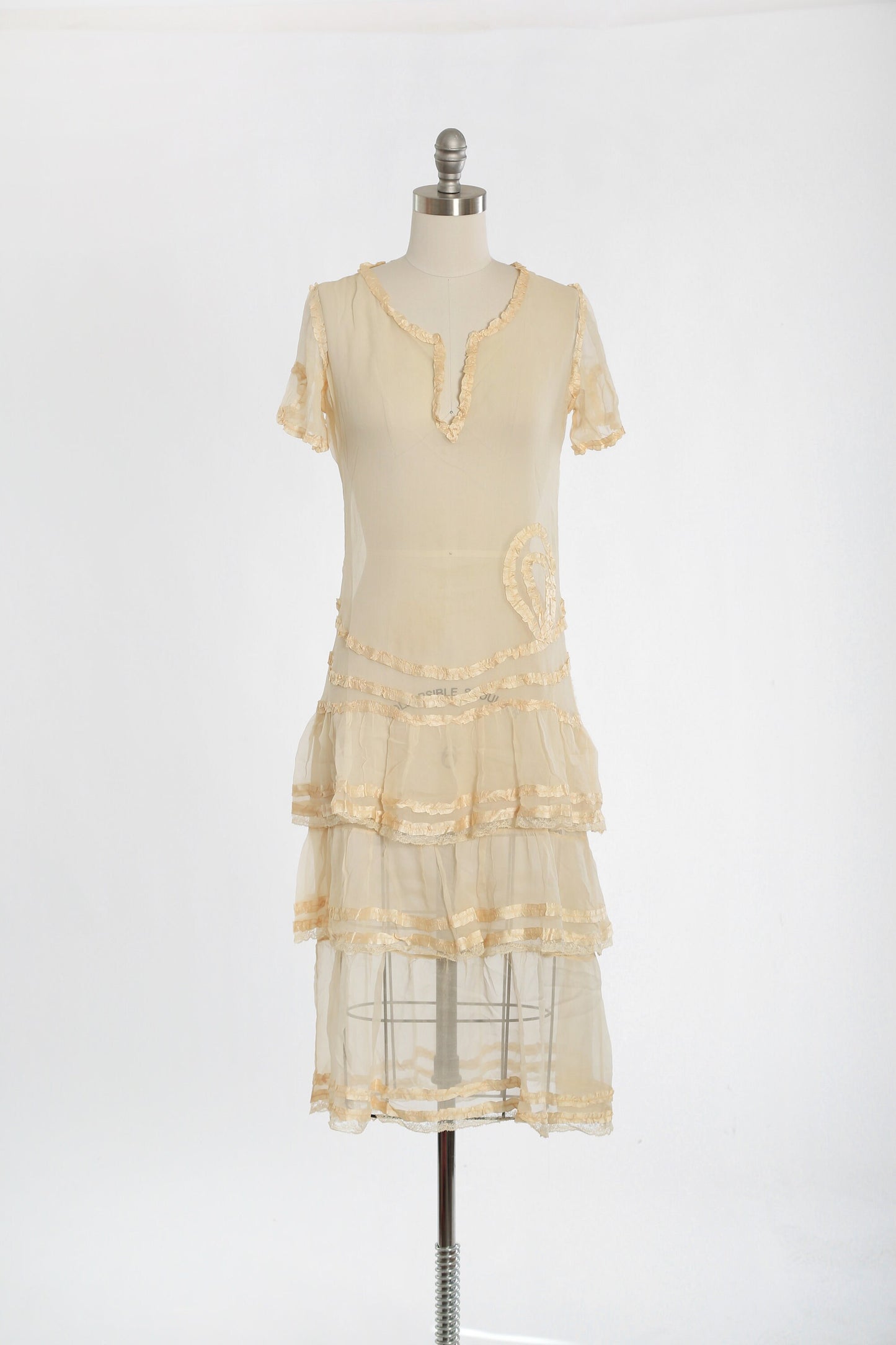 Antique Vintage 1920s ivory silk ribbon tiered drop waist dress