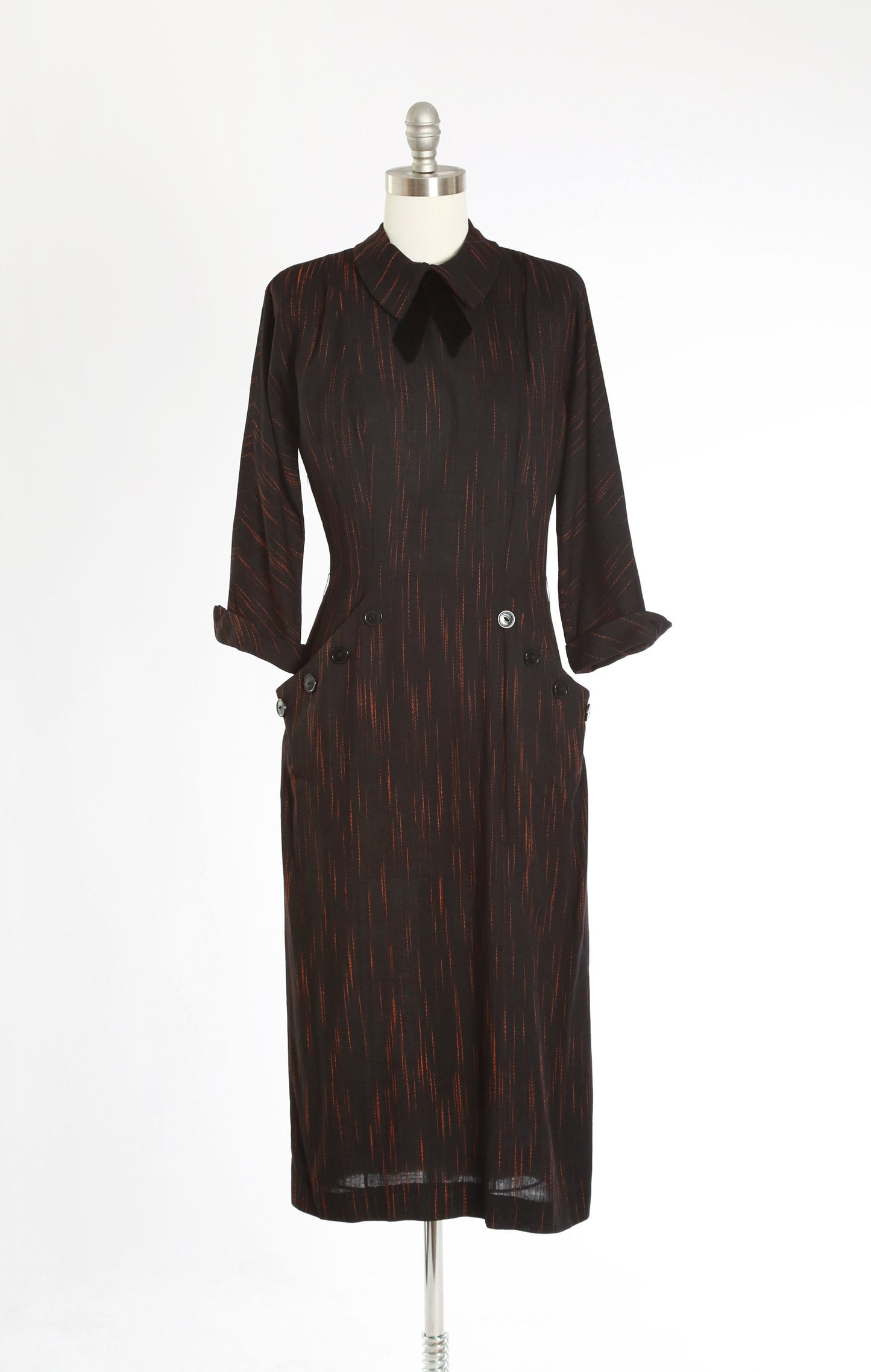 Vintage 40s 50s black & orange embroidered ascot bow dress